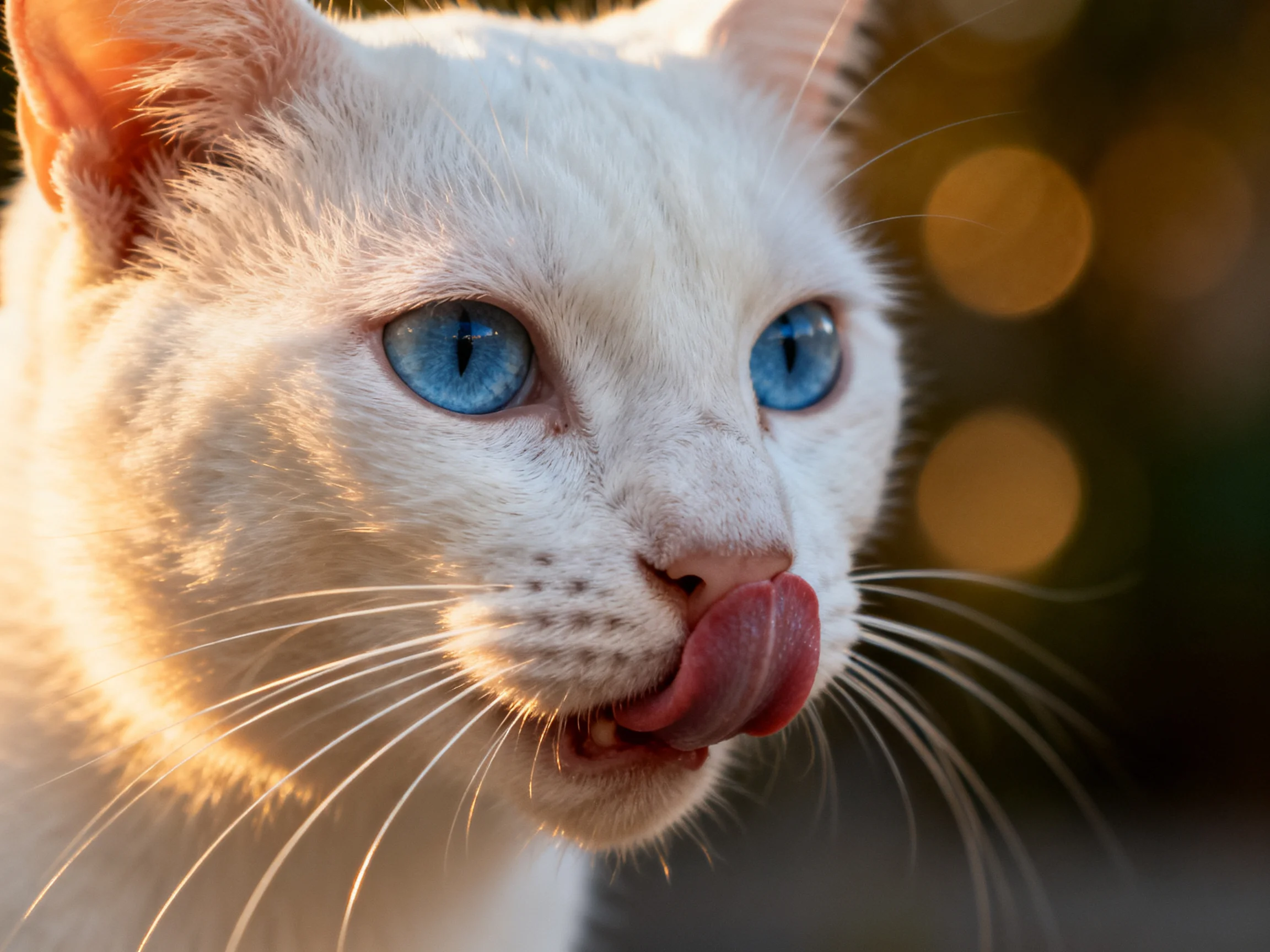 A white cat with blue eyes licks its nose among blurred golden lights.