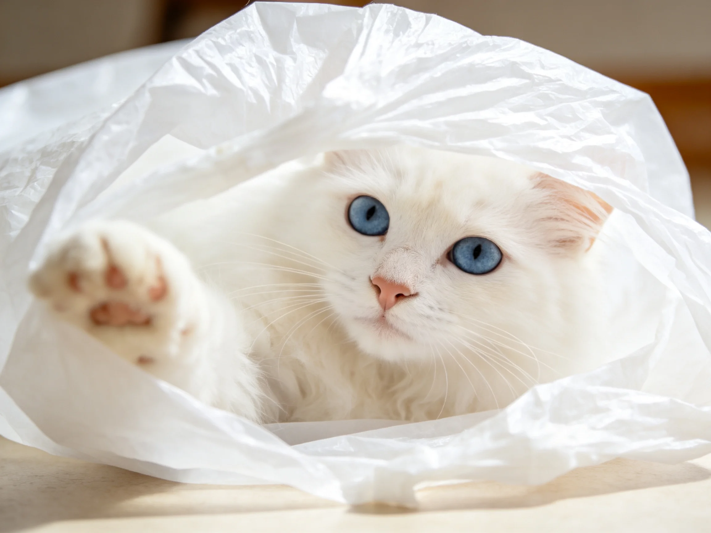 A white cat with blue eyes rests inside a crumpled white plastic bag