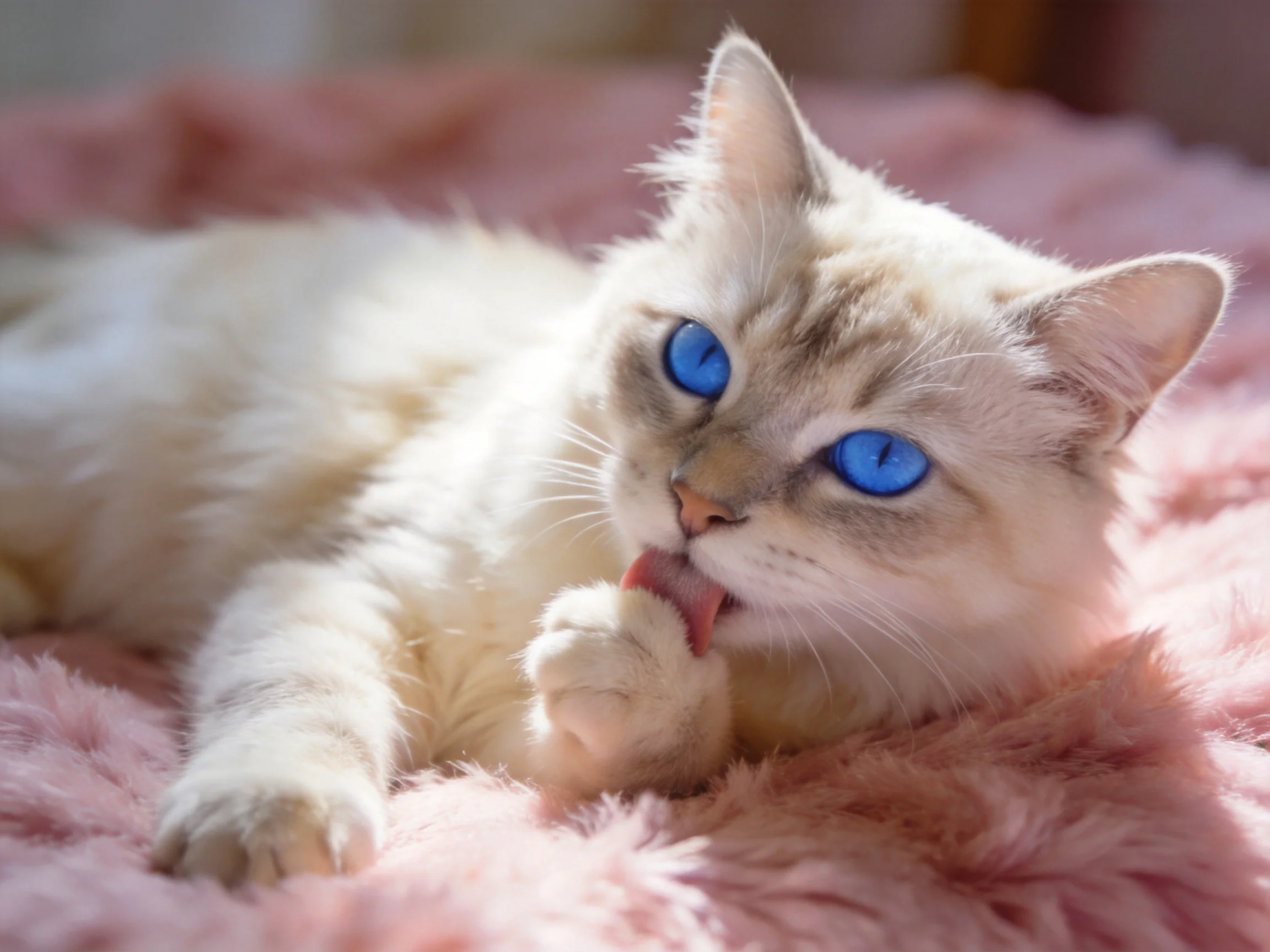 A white cat with blue eyes relaxes on a pink blanket.