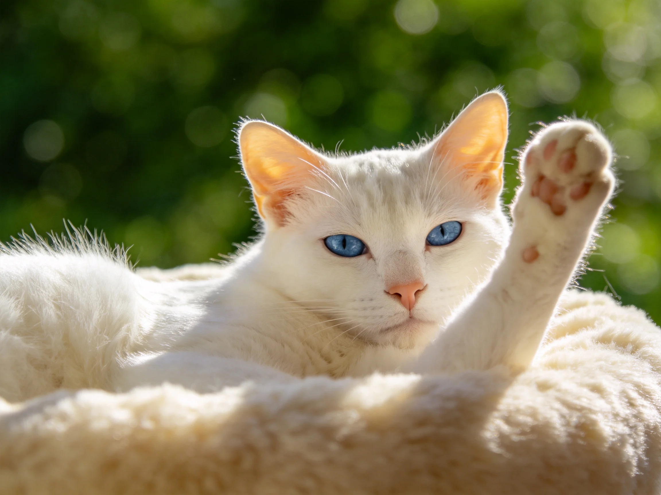 A white cat with blue eyes relaxes on a plush bed in an outdoor setting.
