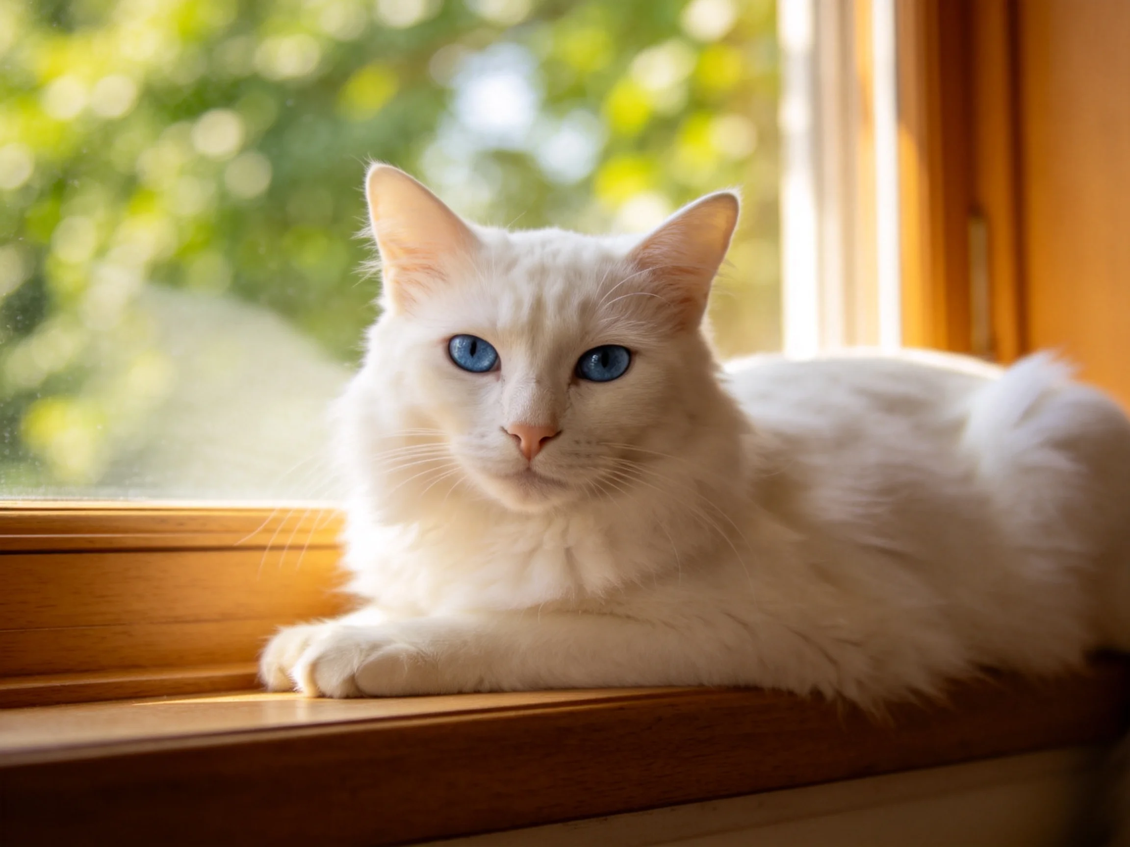 A white cat with blue eyes relaxes on a wooden windowsill beside a sunlit window.