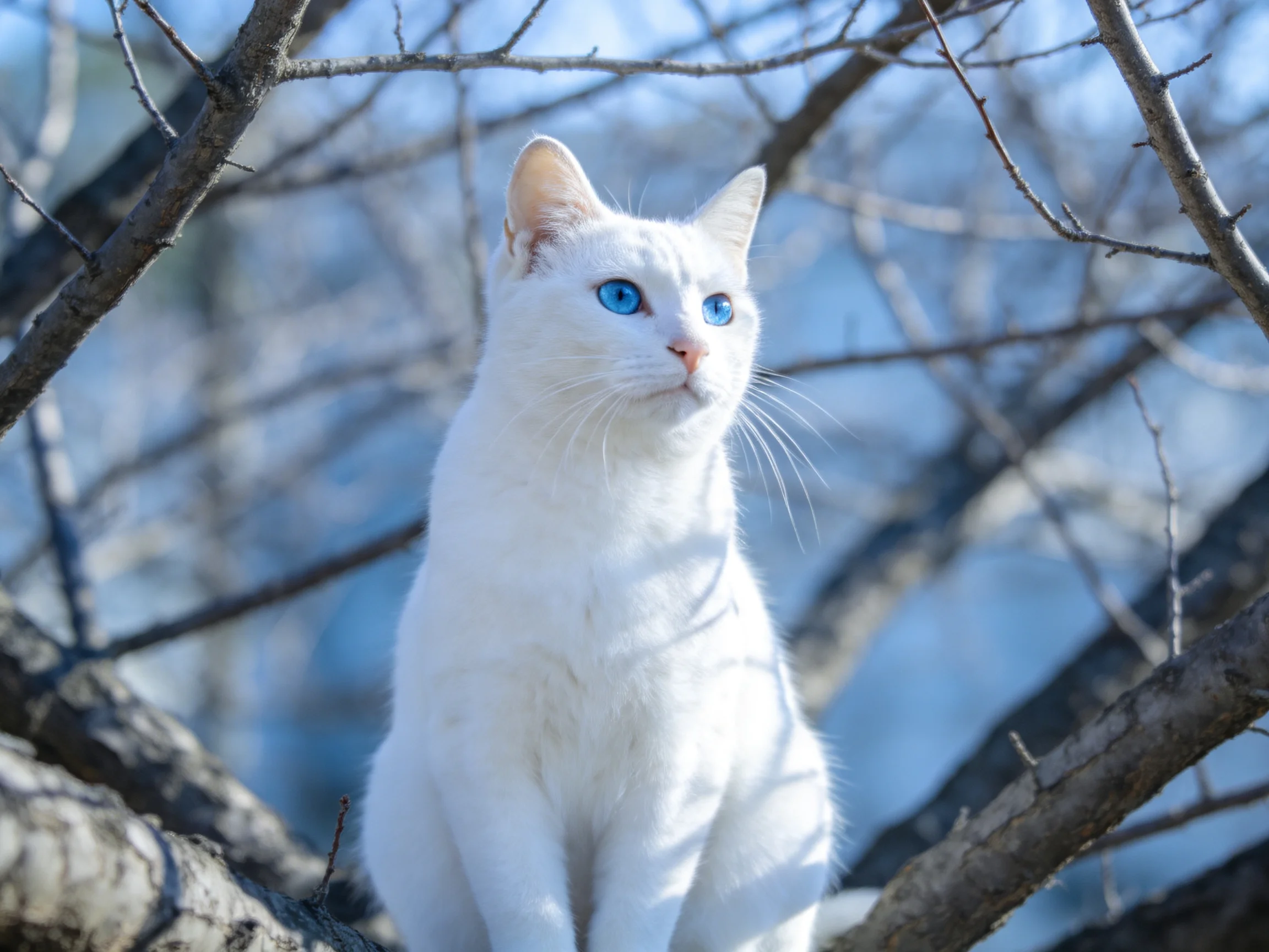 A white cat with blue eyes sits among tree branches in natural light.