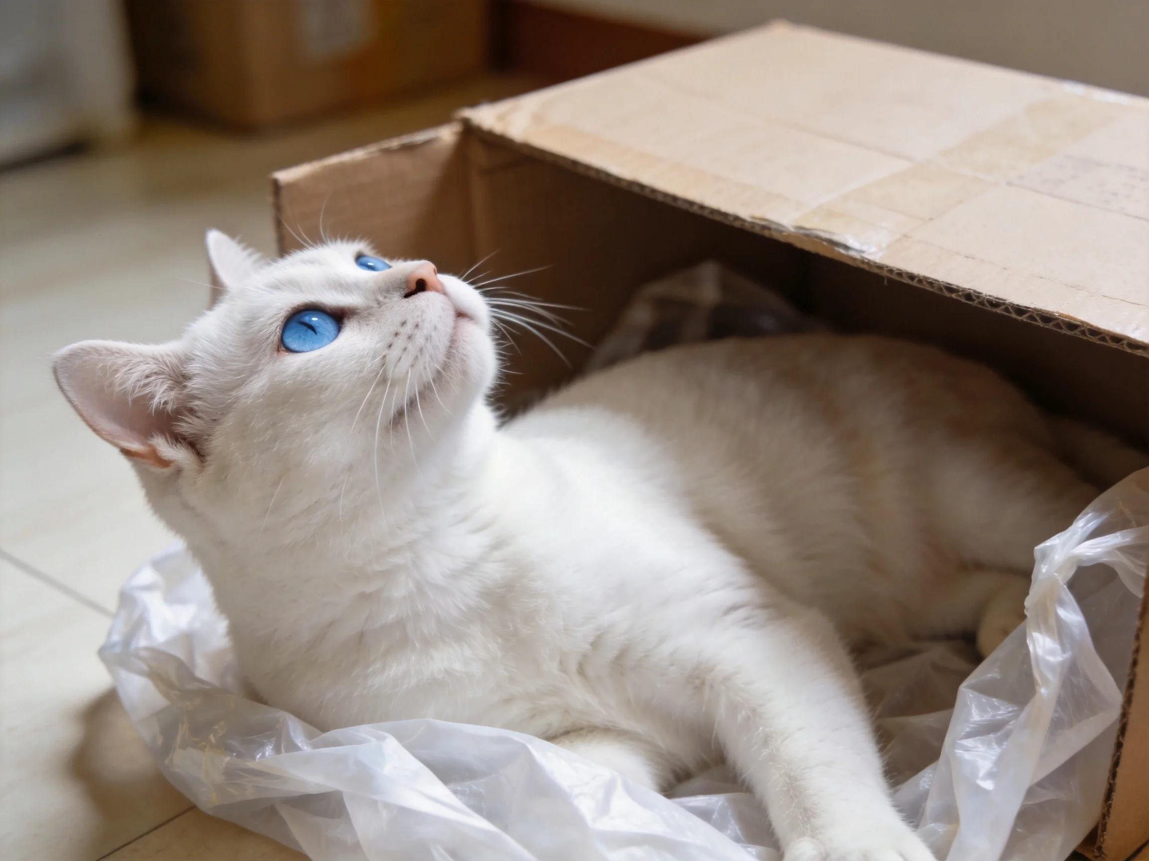 A white cat with blue eyes relaxes in an open cardboard box.