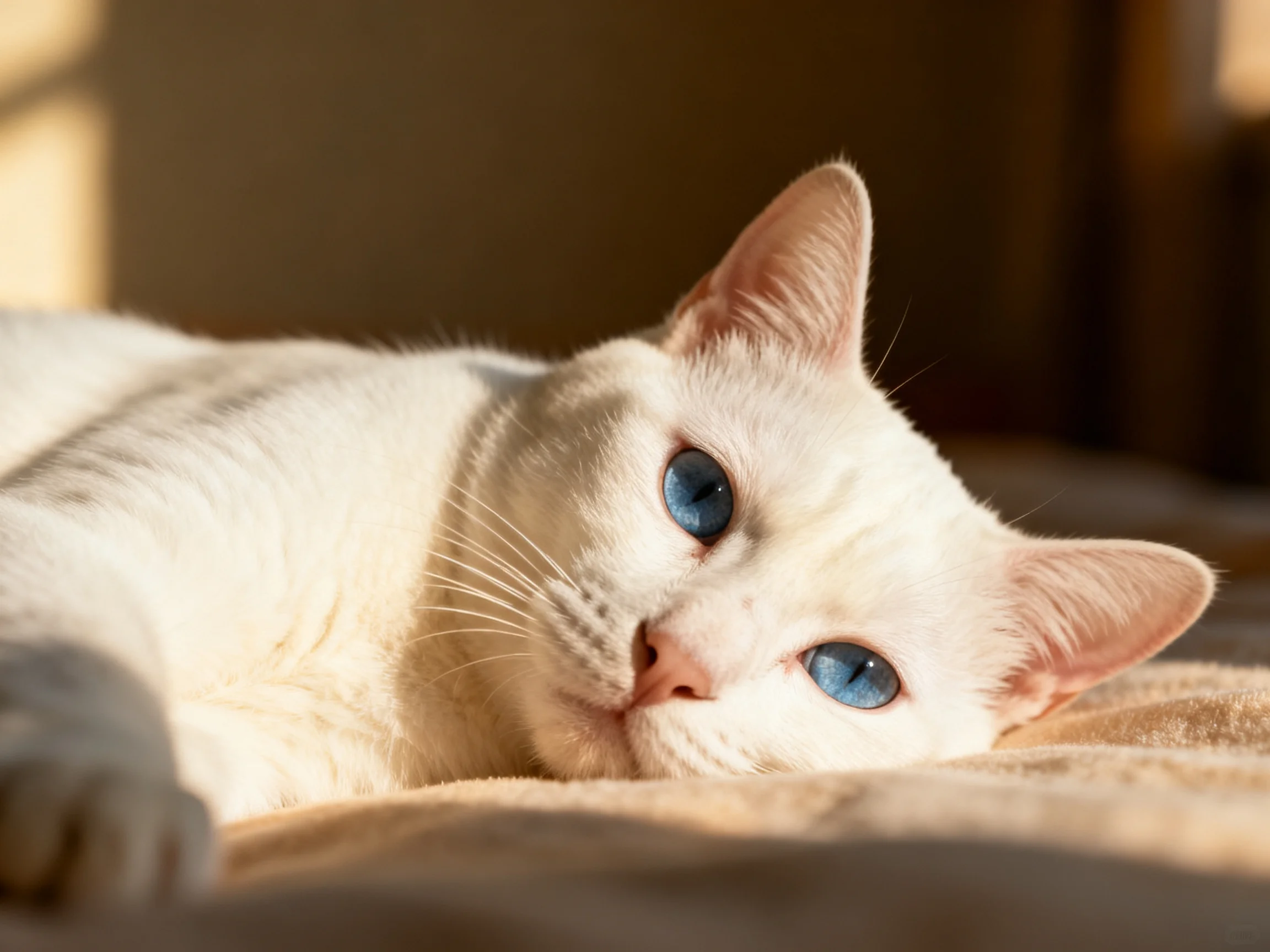 A white cat with blue eyes relaxes on a soft fabric in warm light.