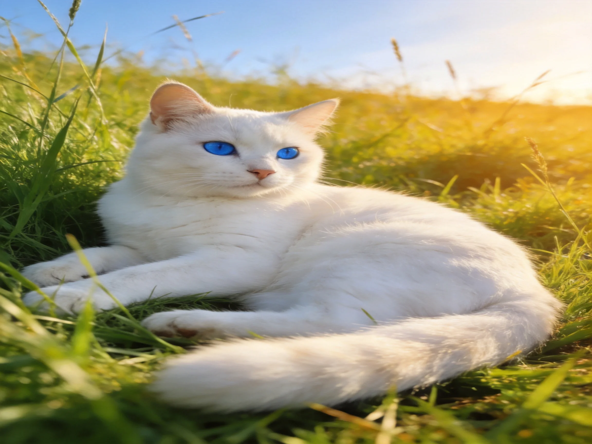 A white cat with blue eyes rests on green grass in a sunlit area.