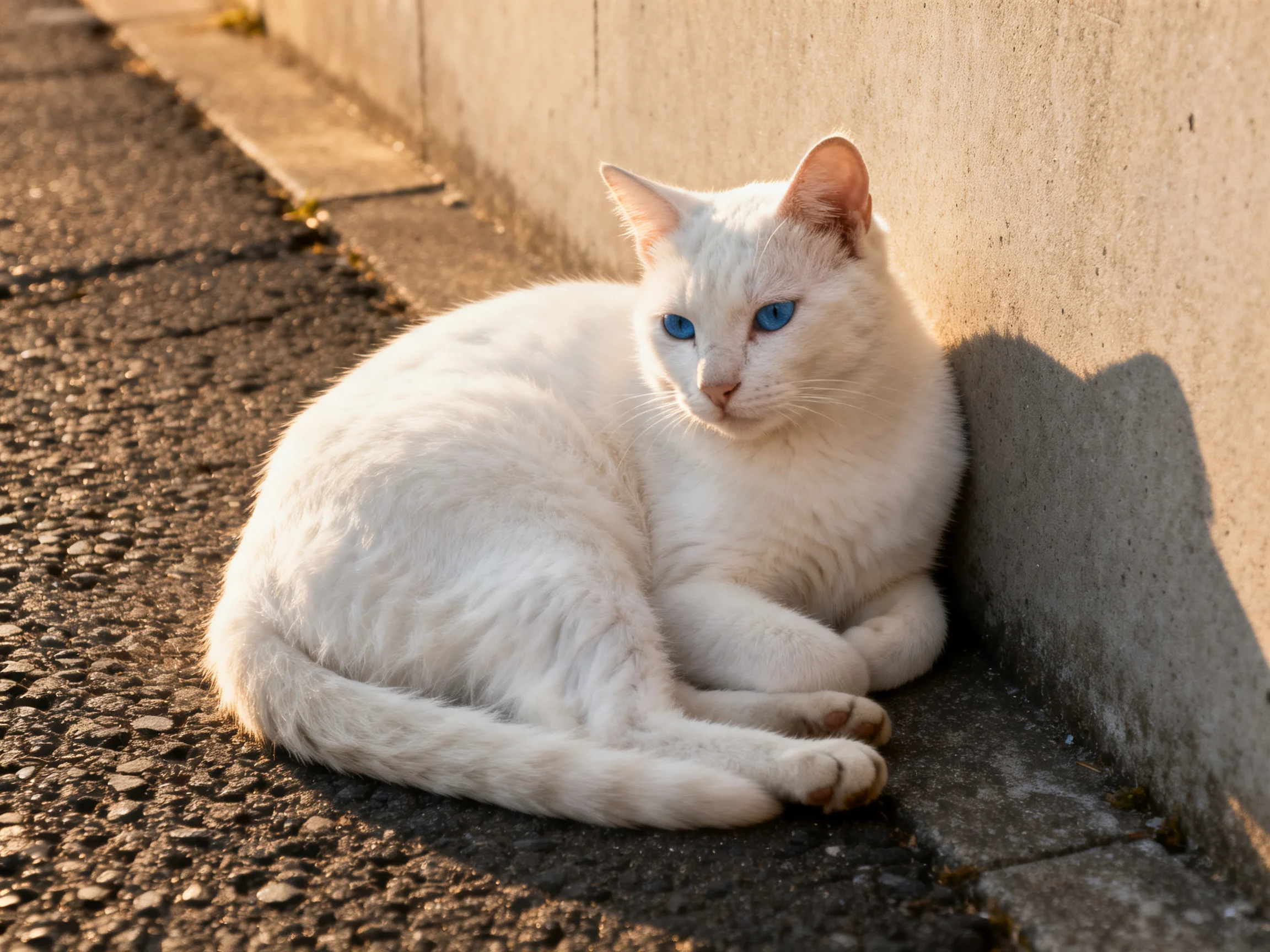 A white cat with blue eyes relaxes by a concrete wall.
