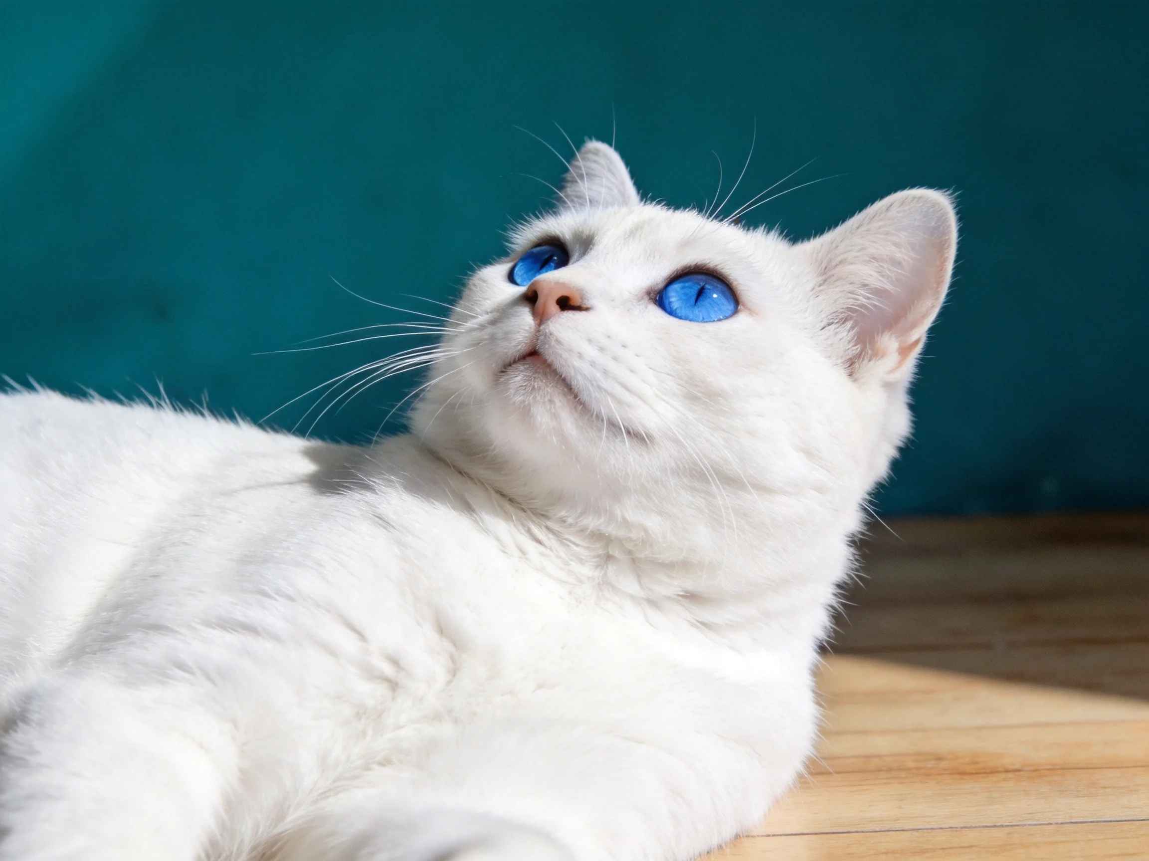 A white cat with blue eyes relaxes next to a teal wall in a sunlit area.