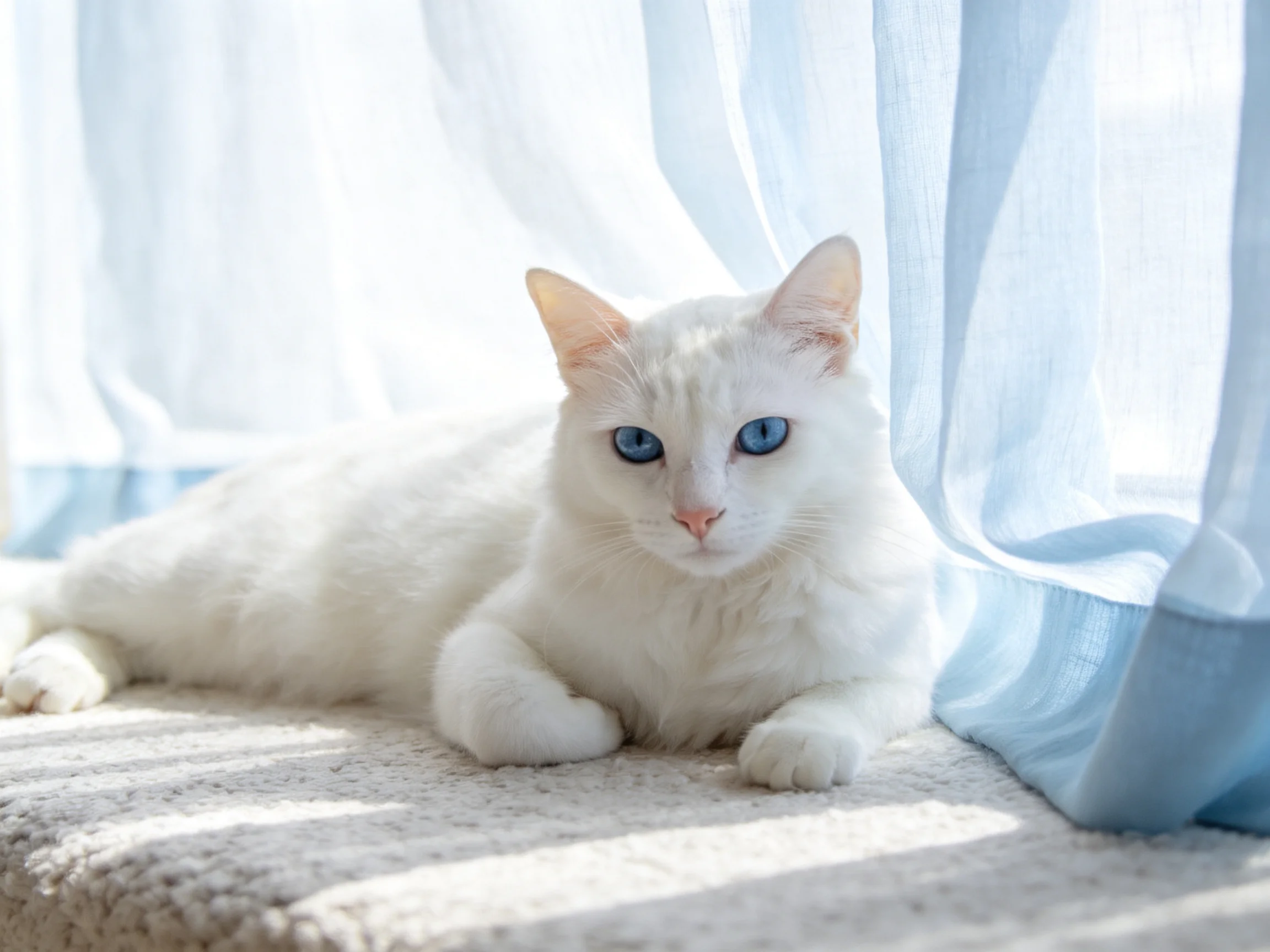 A white cat with blue eyes relaxes near sheer curtains in soft light.