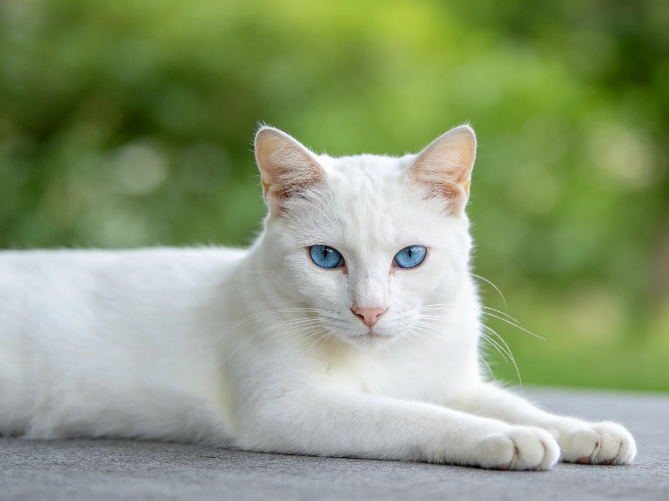 A white cat with blue eyes lies calmly on an outdoor surface.