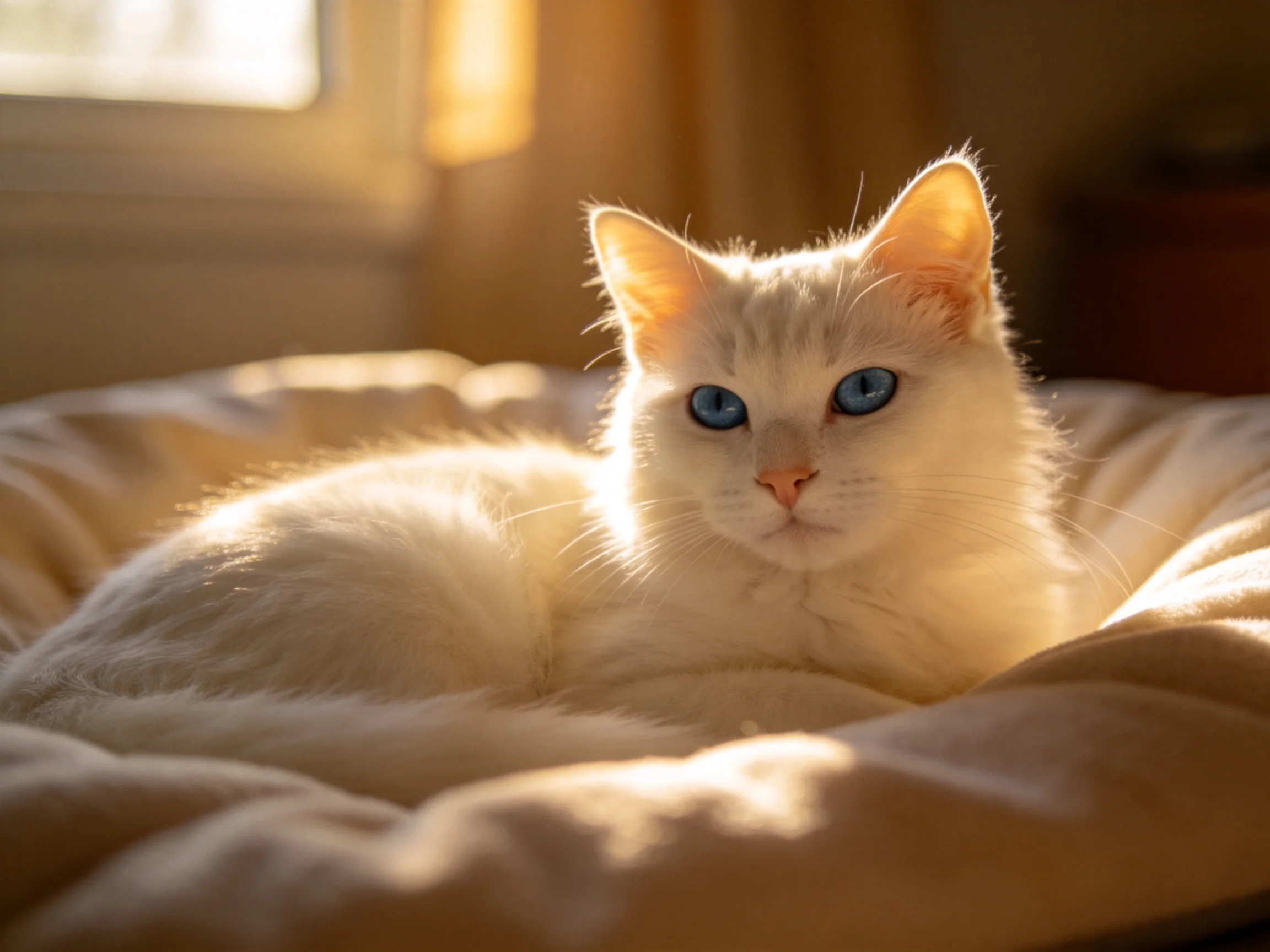 A white cat with blue eyes relaxes on a soft cushion in a sunlit room.