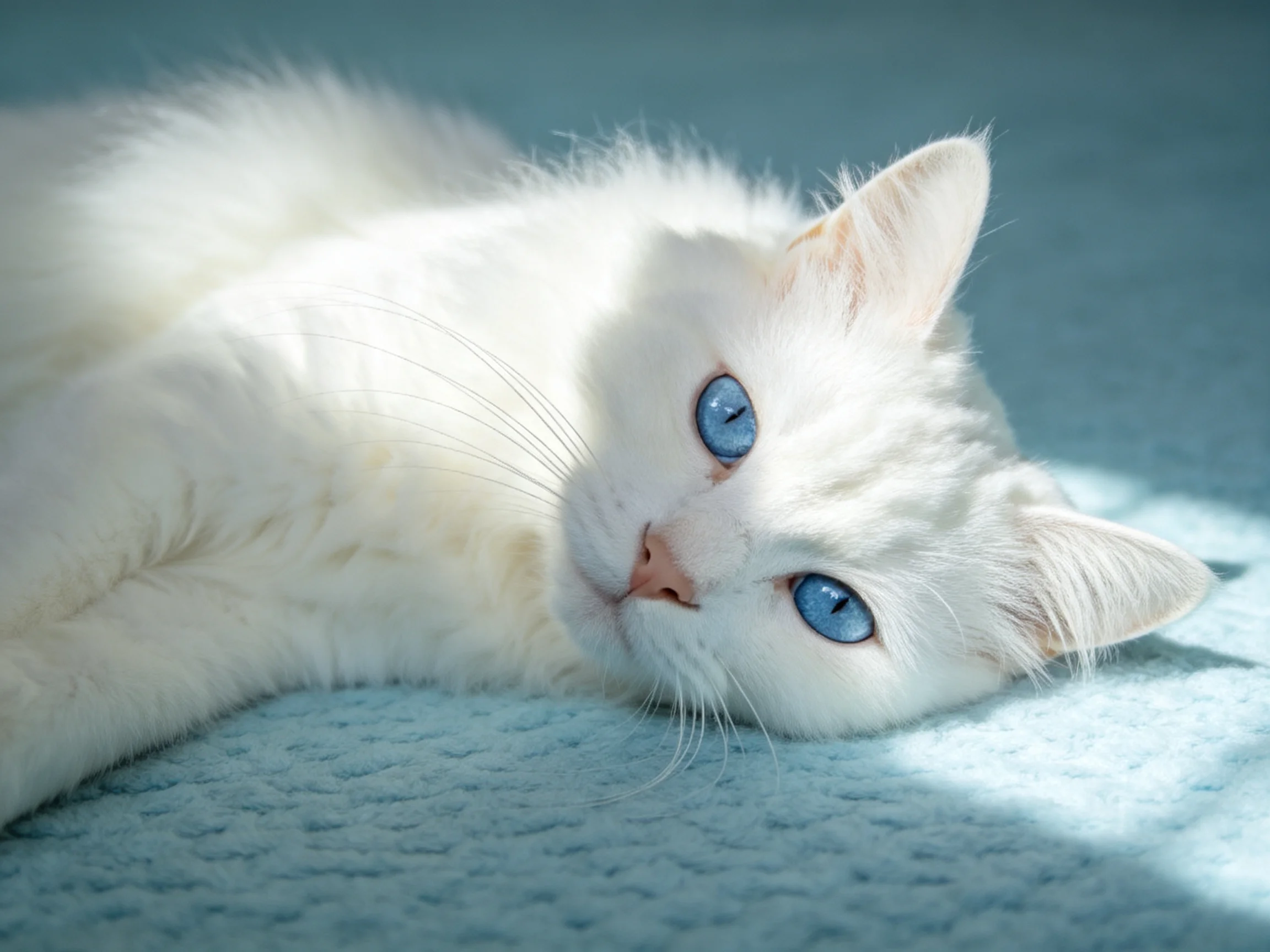 A white cat with blue eyes relaxes on a soft blue blanket