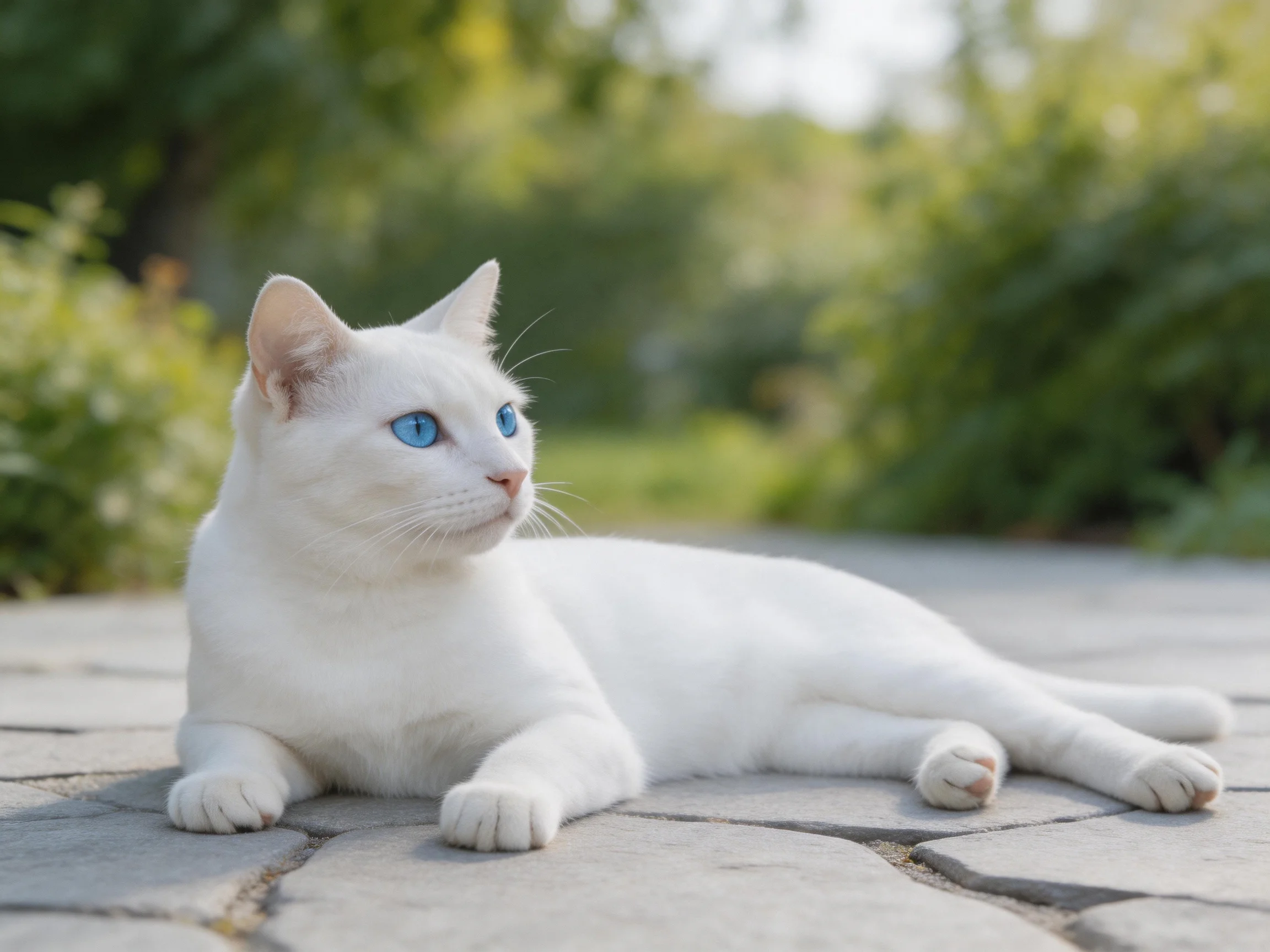 A white cat with blue eyes lies calmly on a stone path outdoors.