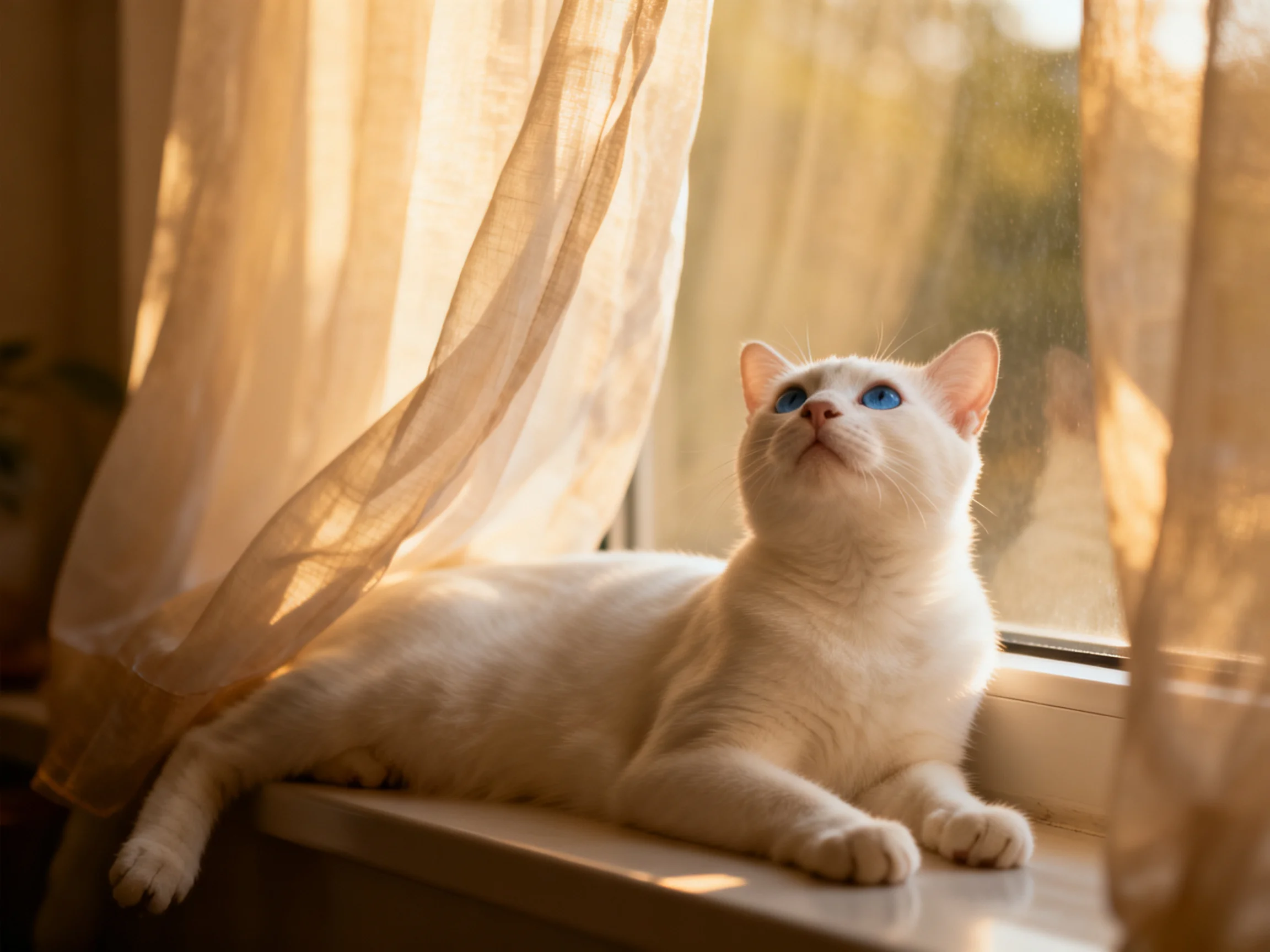 A white cat with blue eyes relaxes on a sunlit windowsill next to sheer curtains.