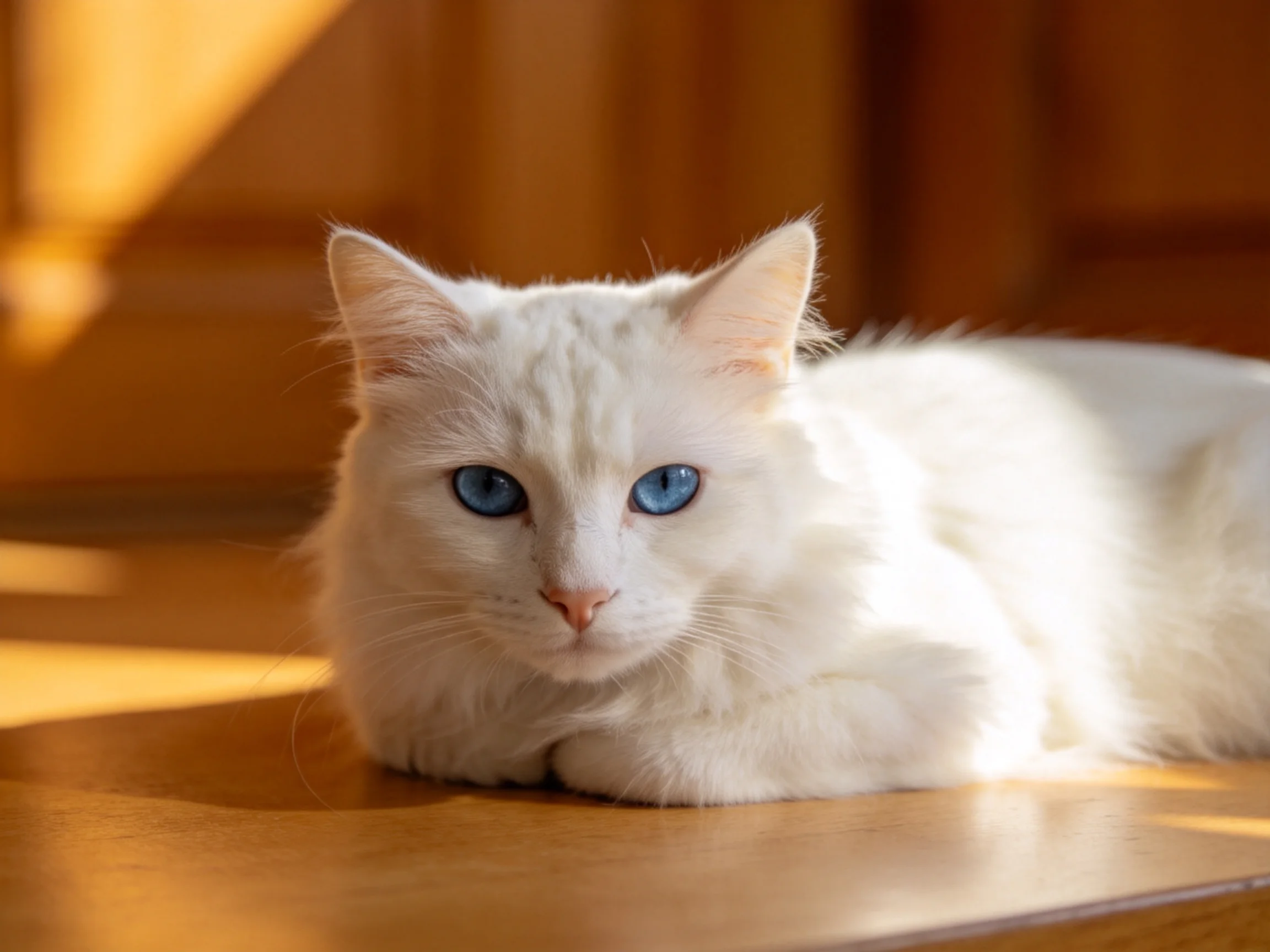 A white cat with blue eyes relaxes on a wooden floor in sunlight.