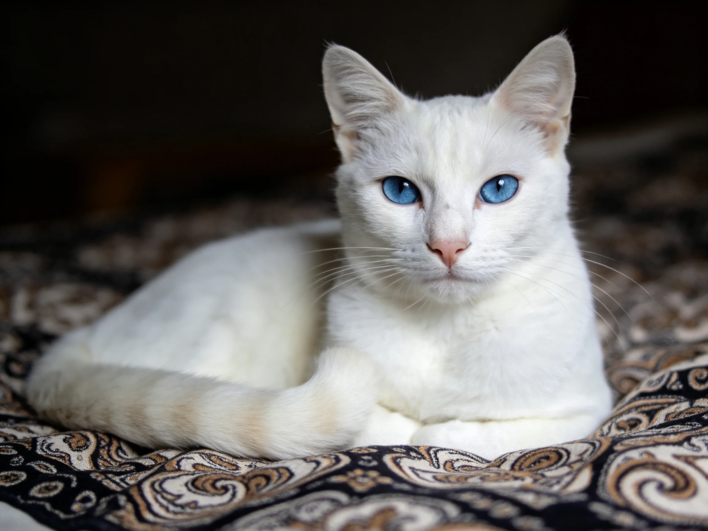 A white cat with blue eyes relaxes on a decorated fabric surface