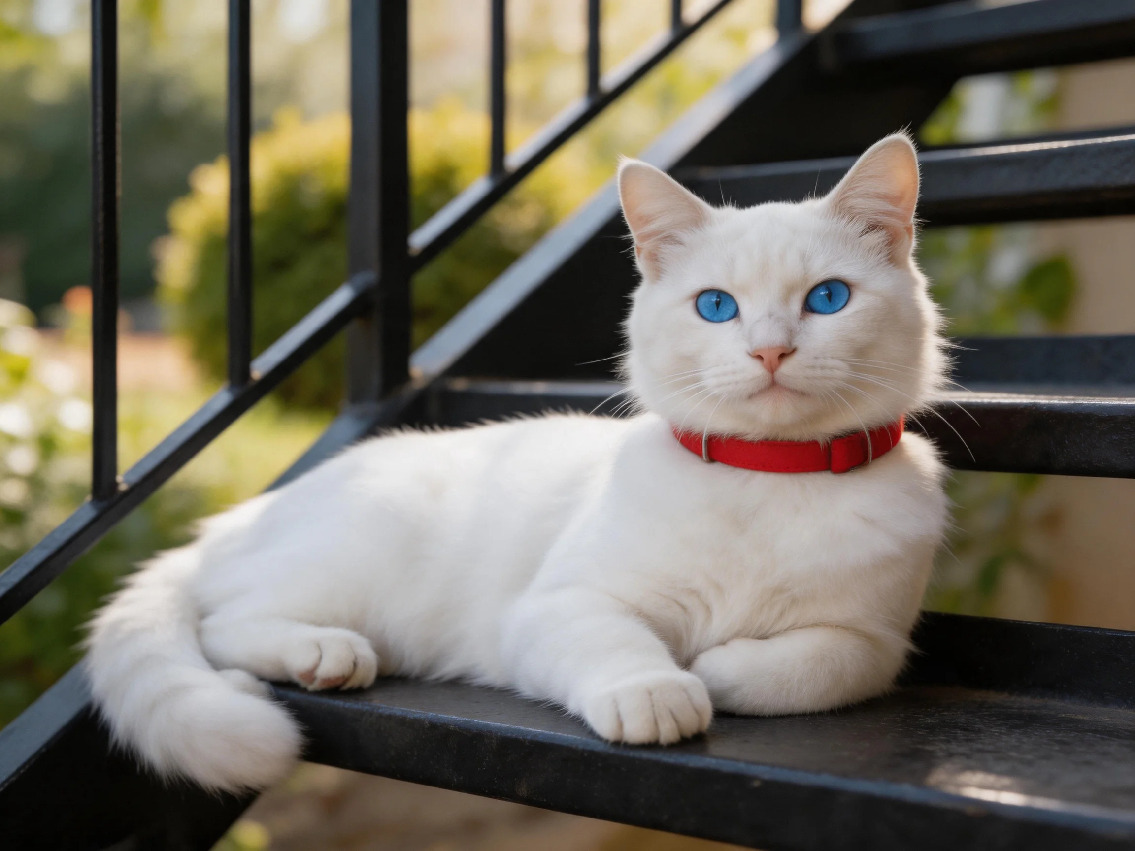 A white cat with blue eyes relaxes on black stairs in an outdoor area.