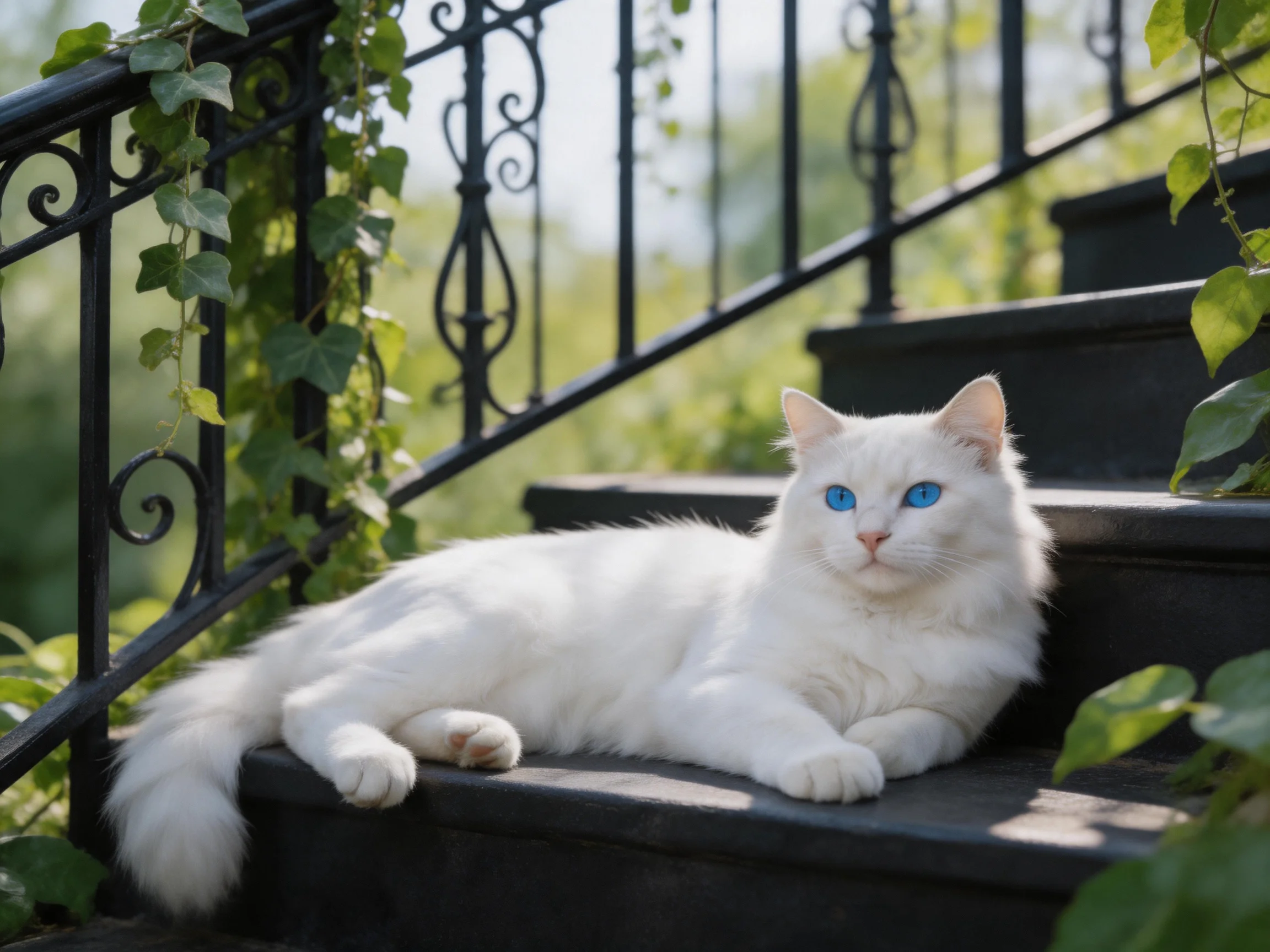 A white cat with blue eyes relaxes on outdoor stone steps amid greenery.