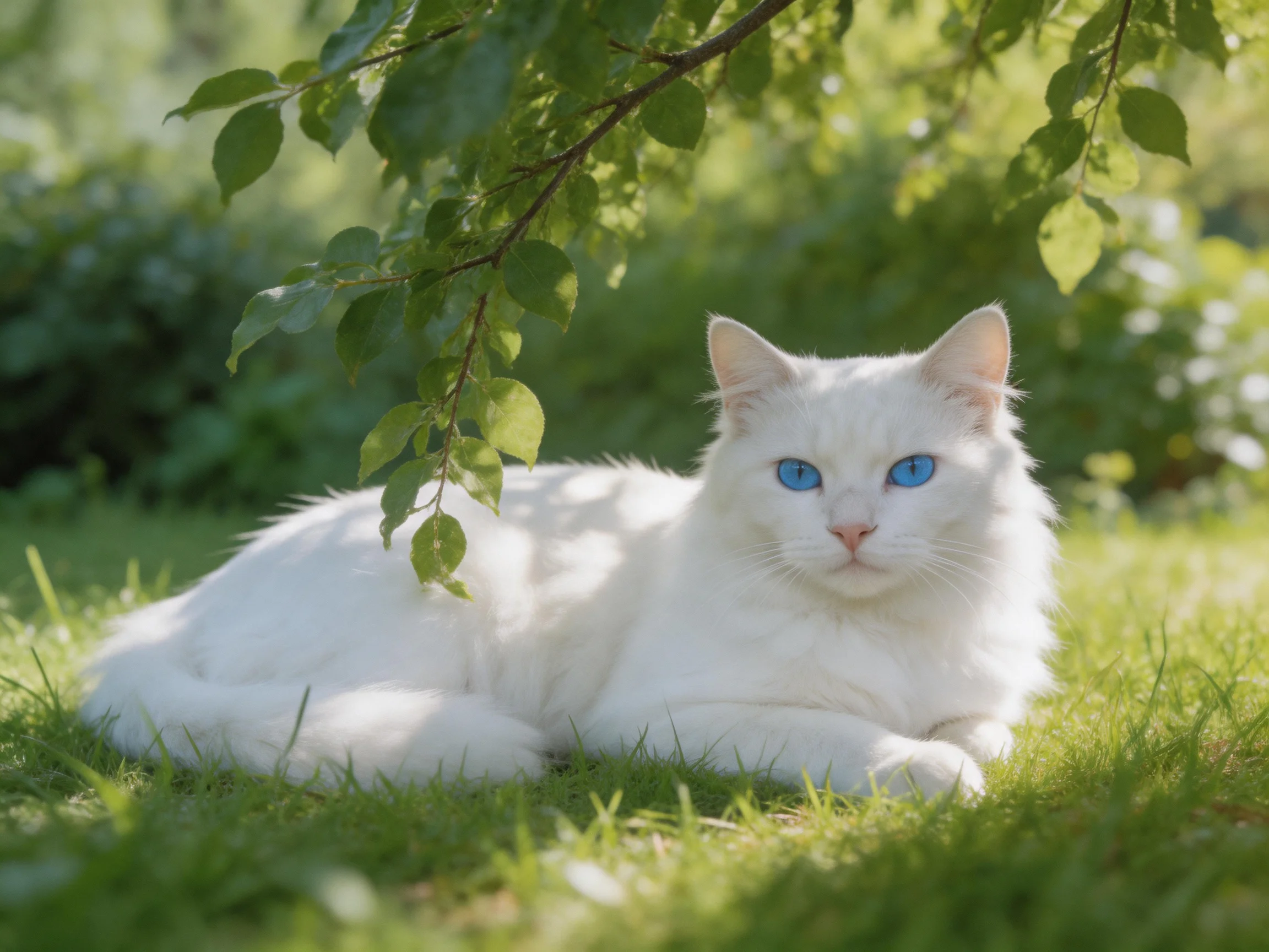 A white cat with blue eyes relaxes on grass under leafy branches.