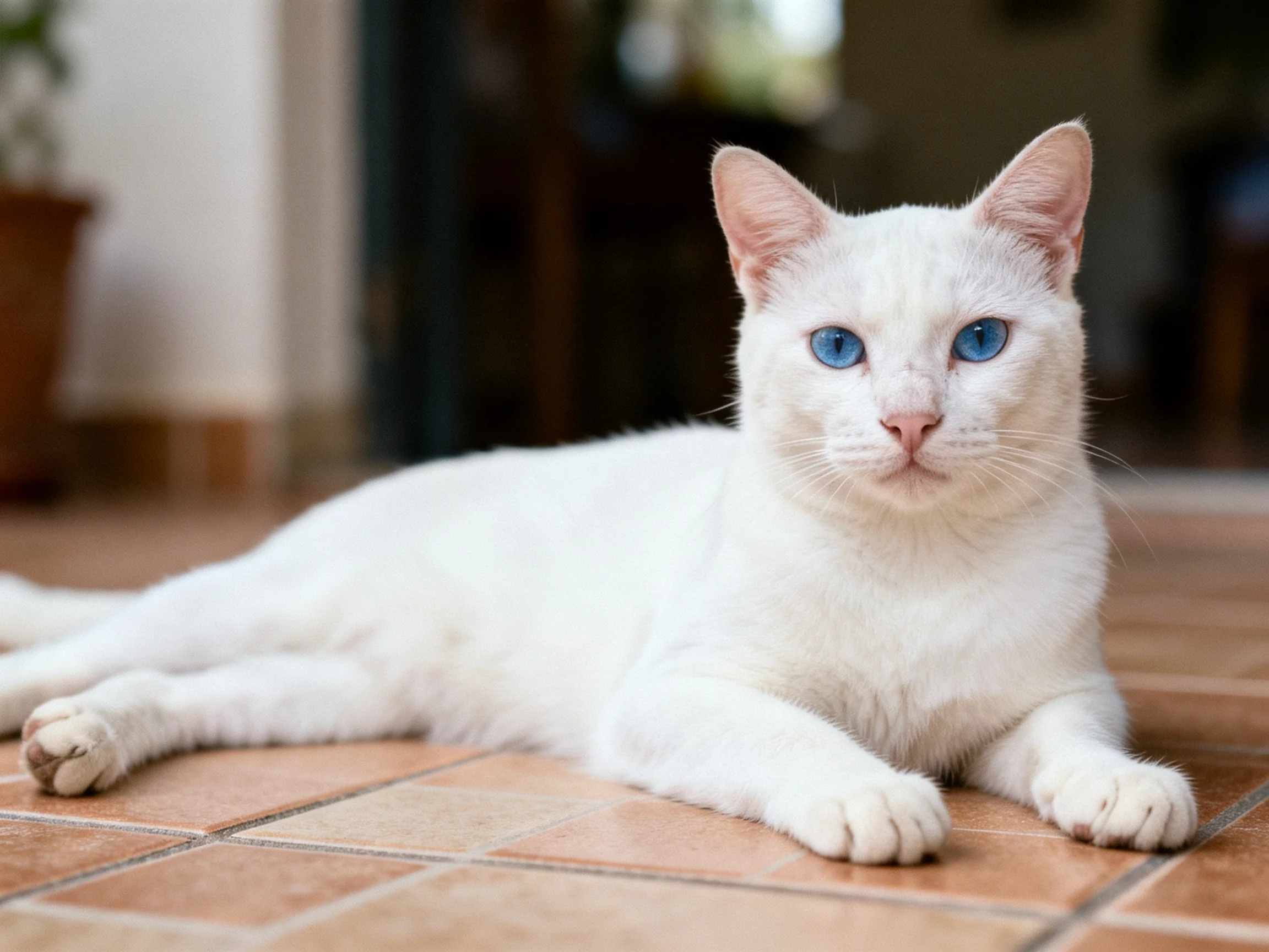 A white cat with blue eyes lies calmly on indoor tiled flooring.