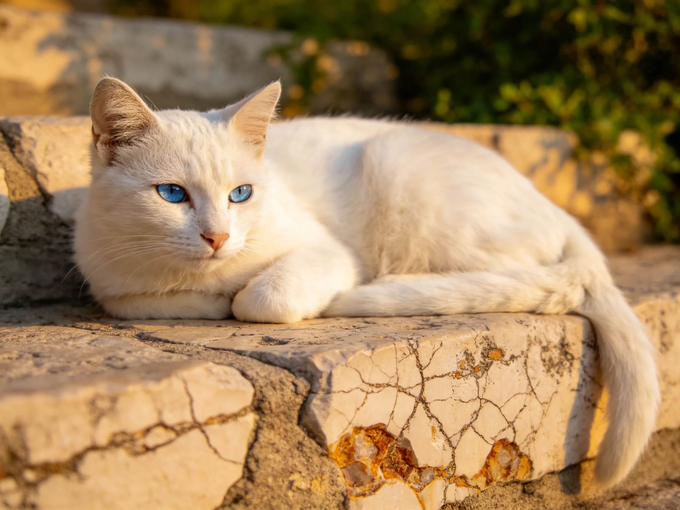 A white cat with blue eyes rests on weathered stone steps in sunlight.