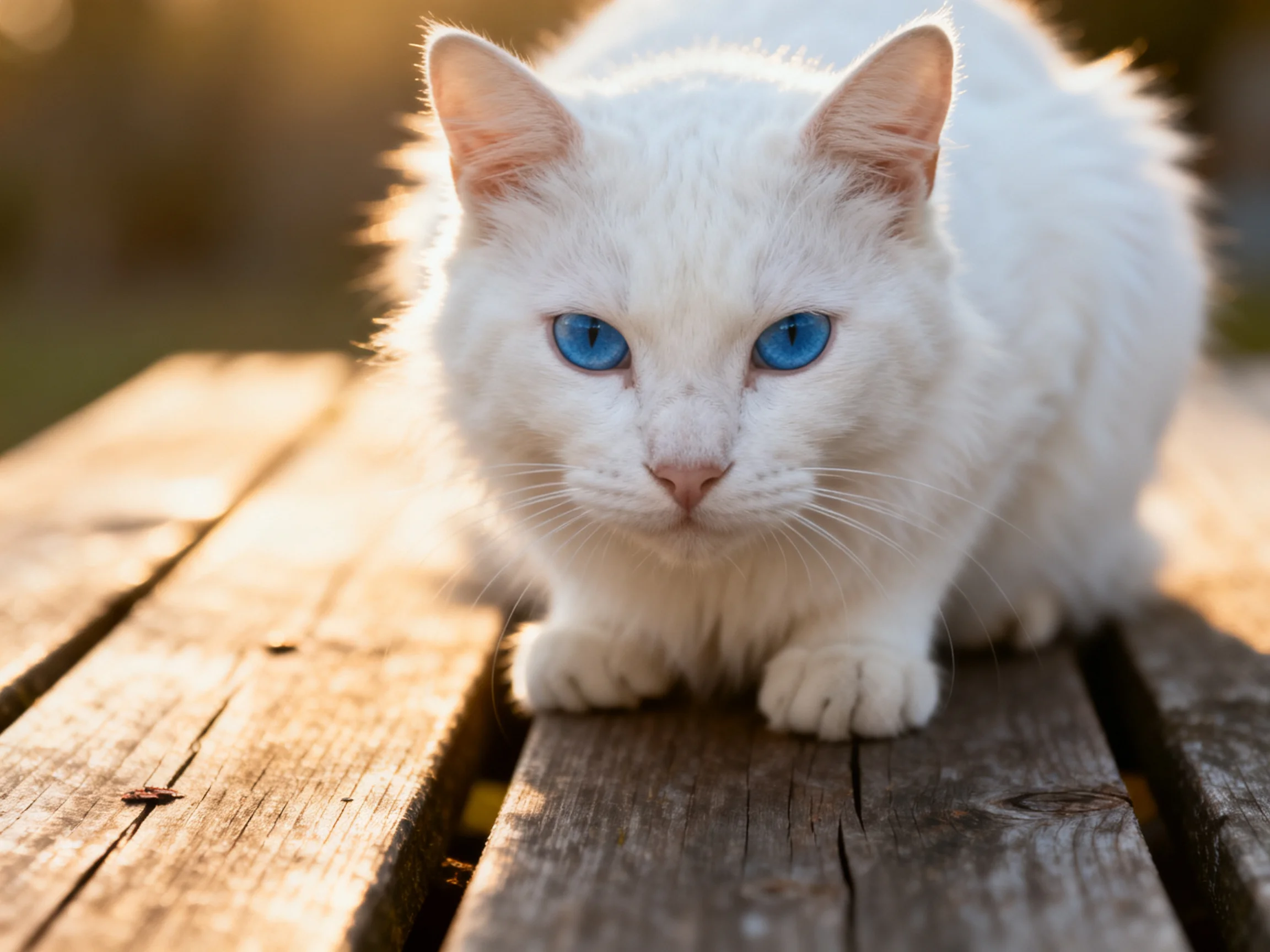 A white cat with blue eyes sits on aged wooden planks in sunlight.