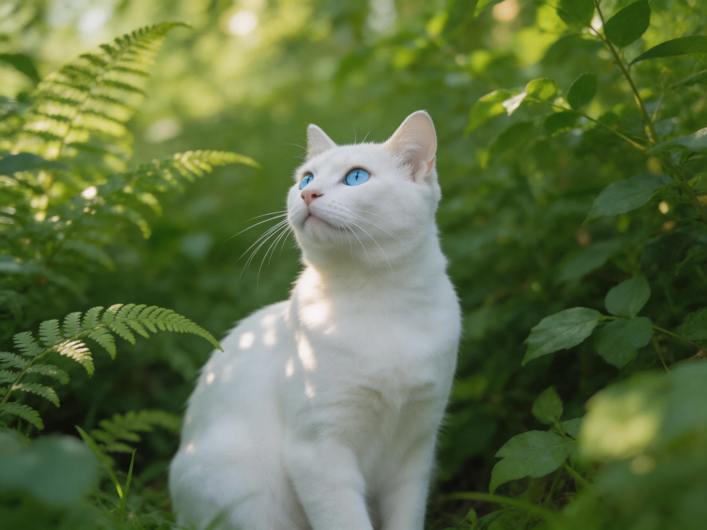 A white cat with blue eyes sits in a sunlit area surrounded by dense greenery.