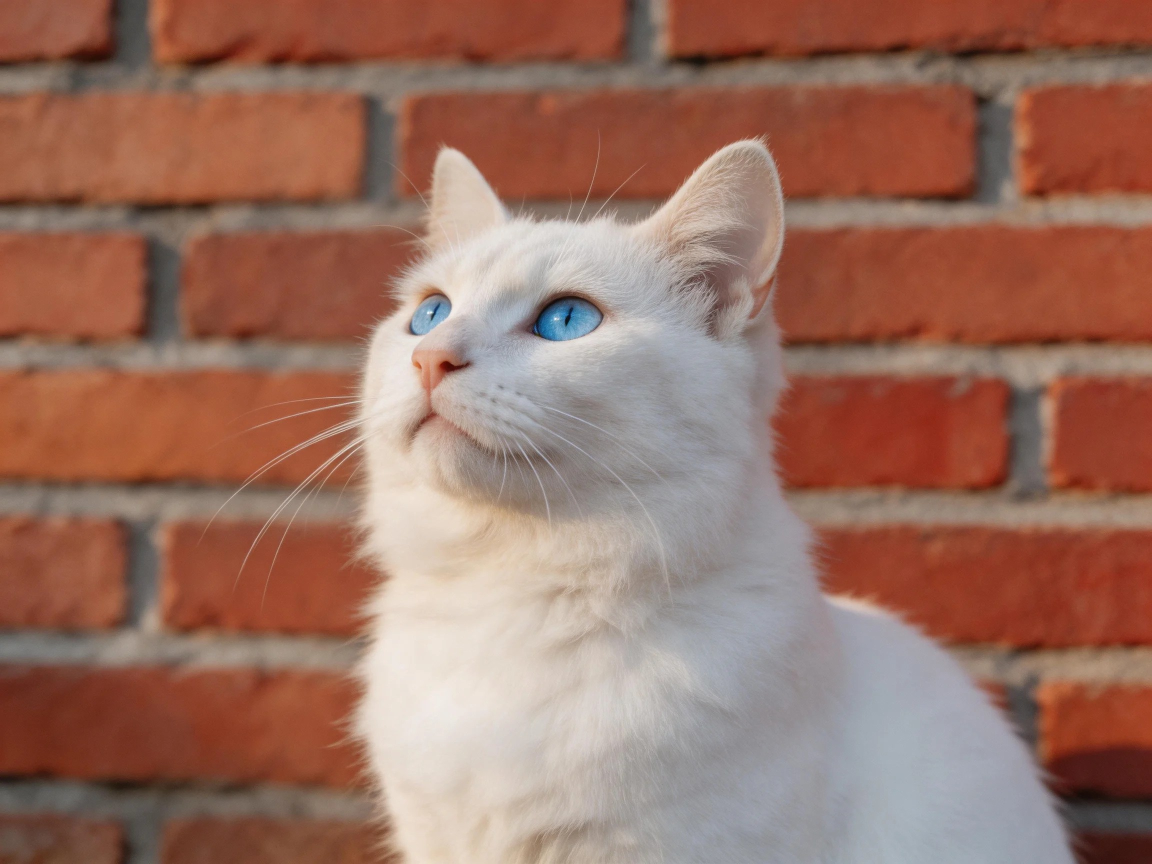 A white cat with blue eyes sits near a red brick wall.