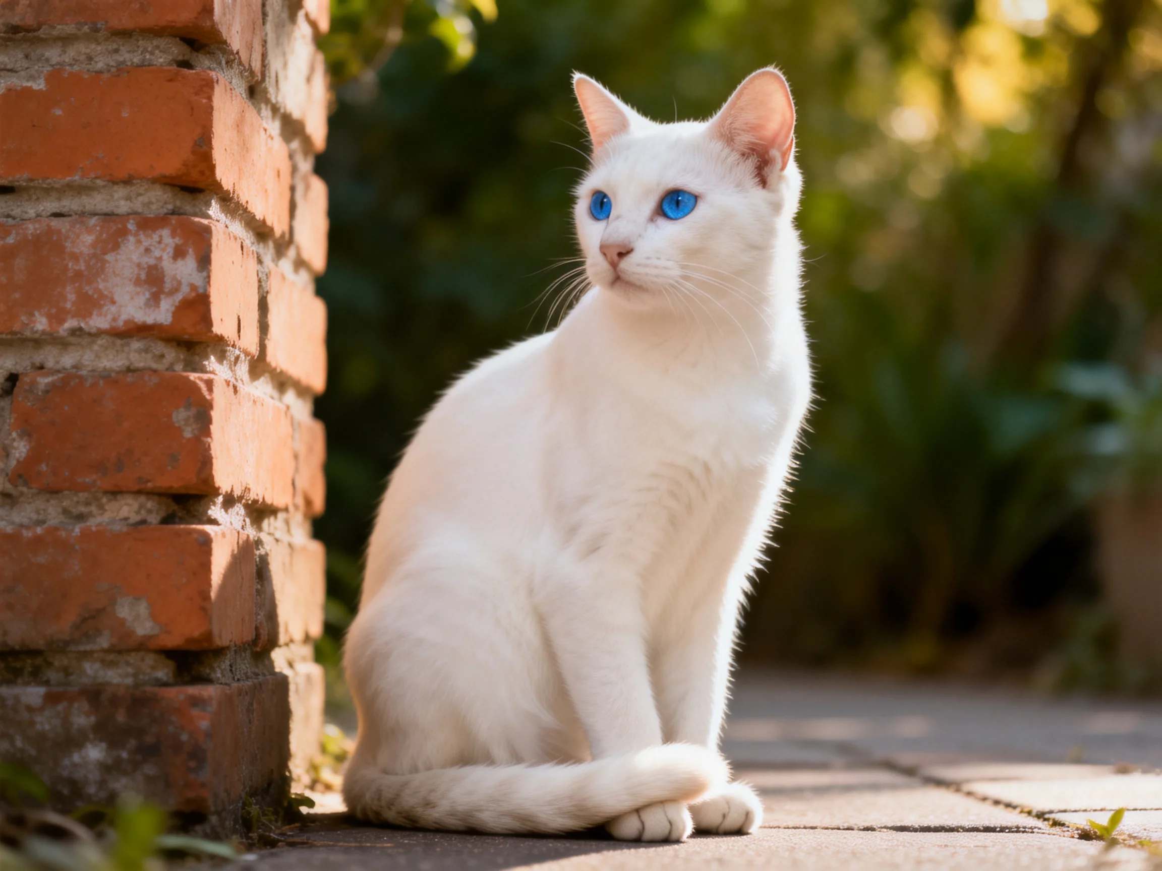 A white cat with blue eyes sits next to a brick wall outdoors.