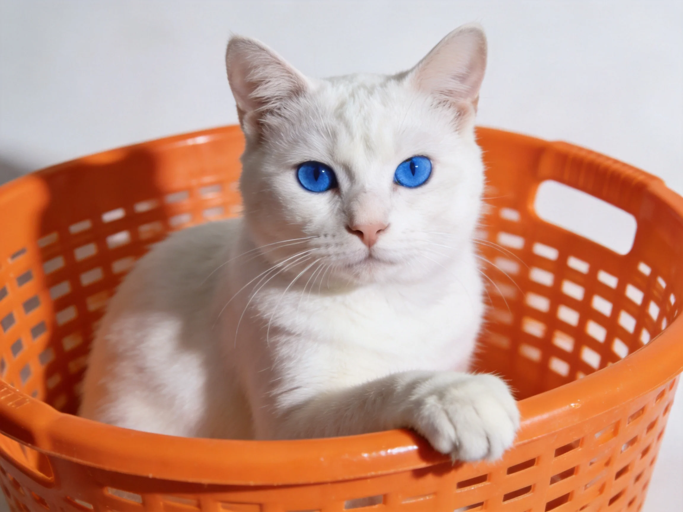 A white cat with blue eyes relaxes inside an orange plastic basket.