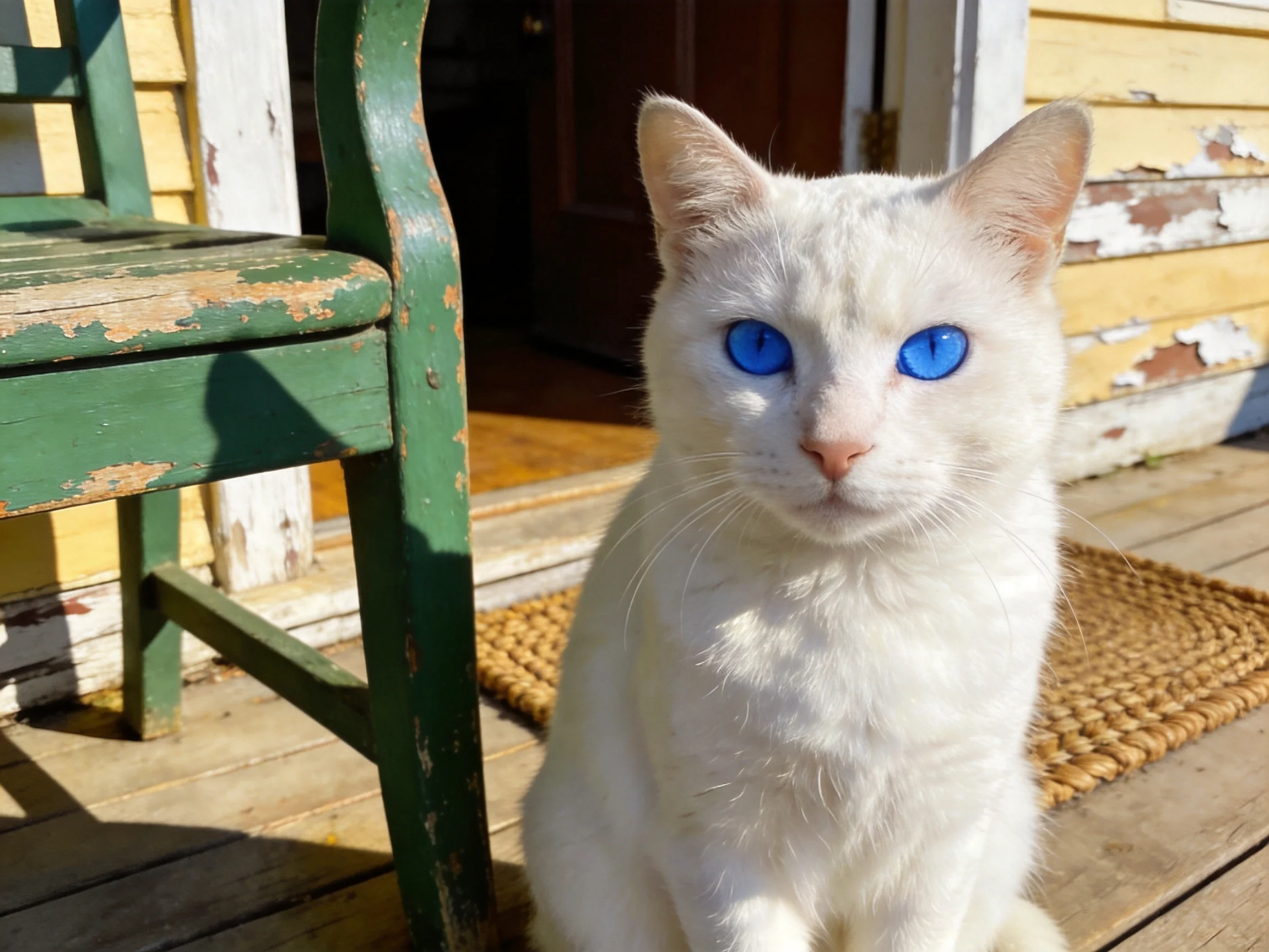 A white cat with blue eyes sits near an old green bench.