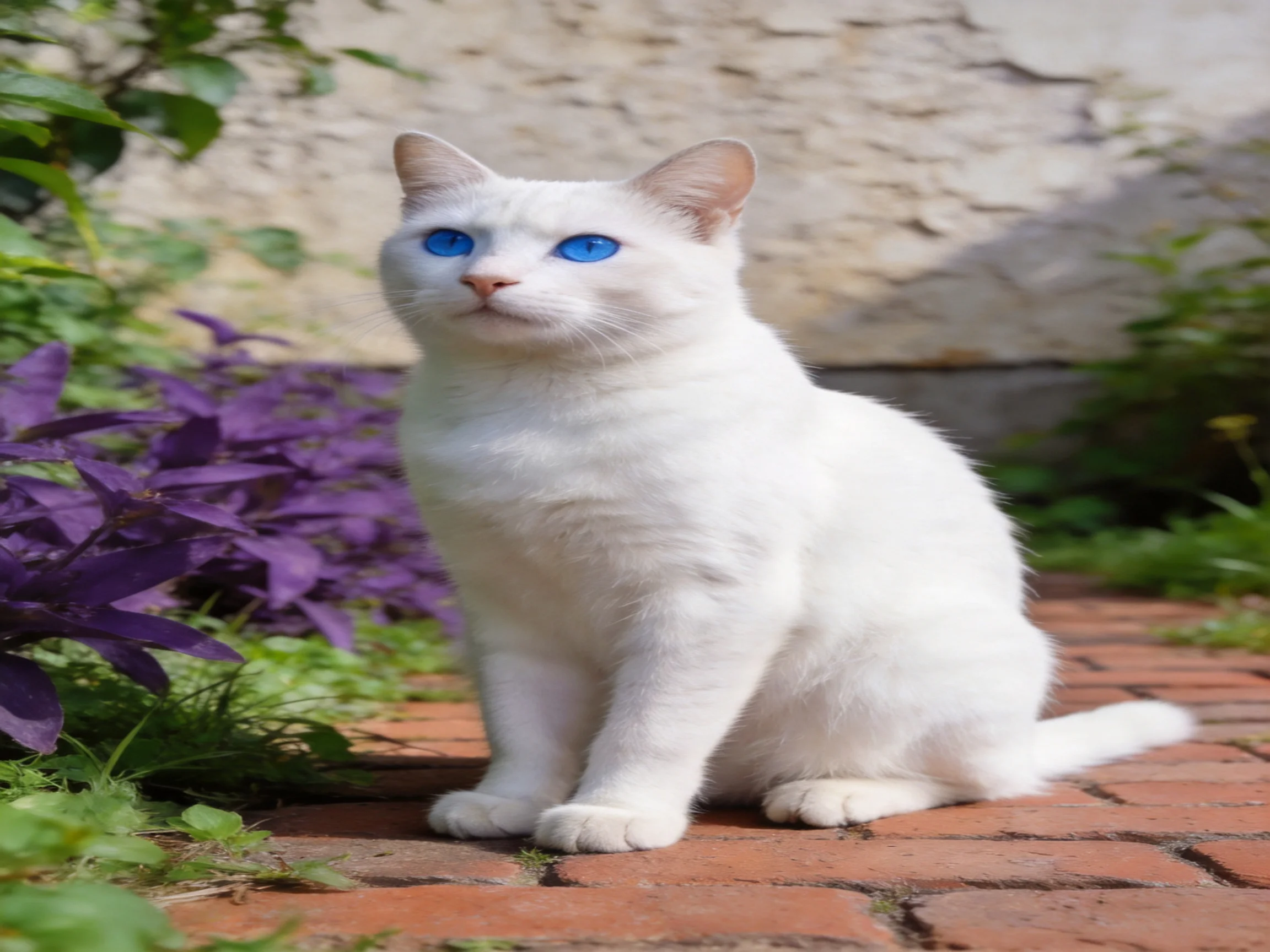 A white cat with blue eyes sits on a brick path surrounded by plants.