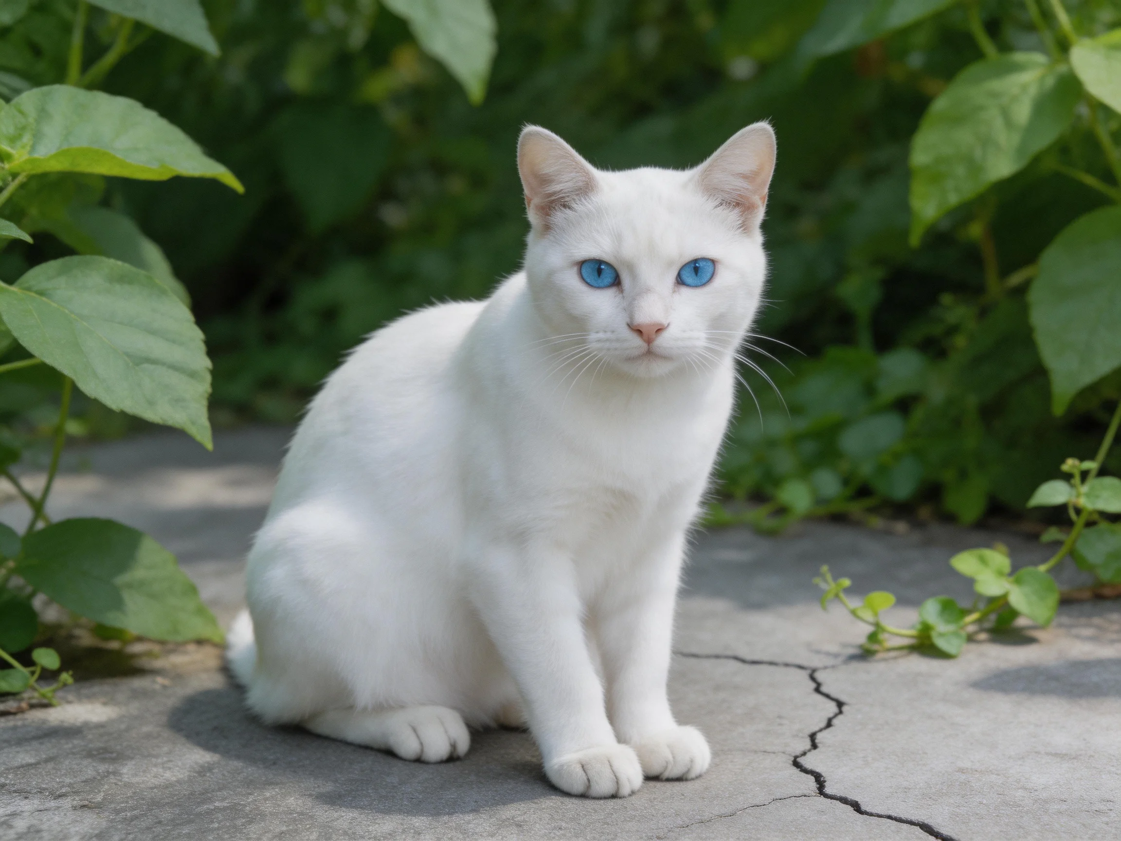 A white cat with blue eyes sits calmly on a stone path surrounded by greenery.