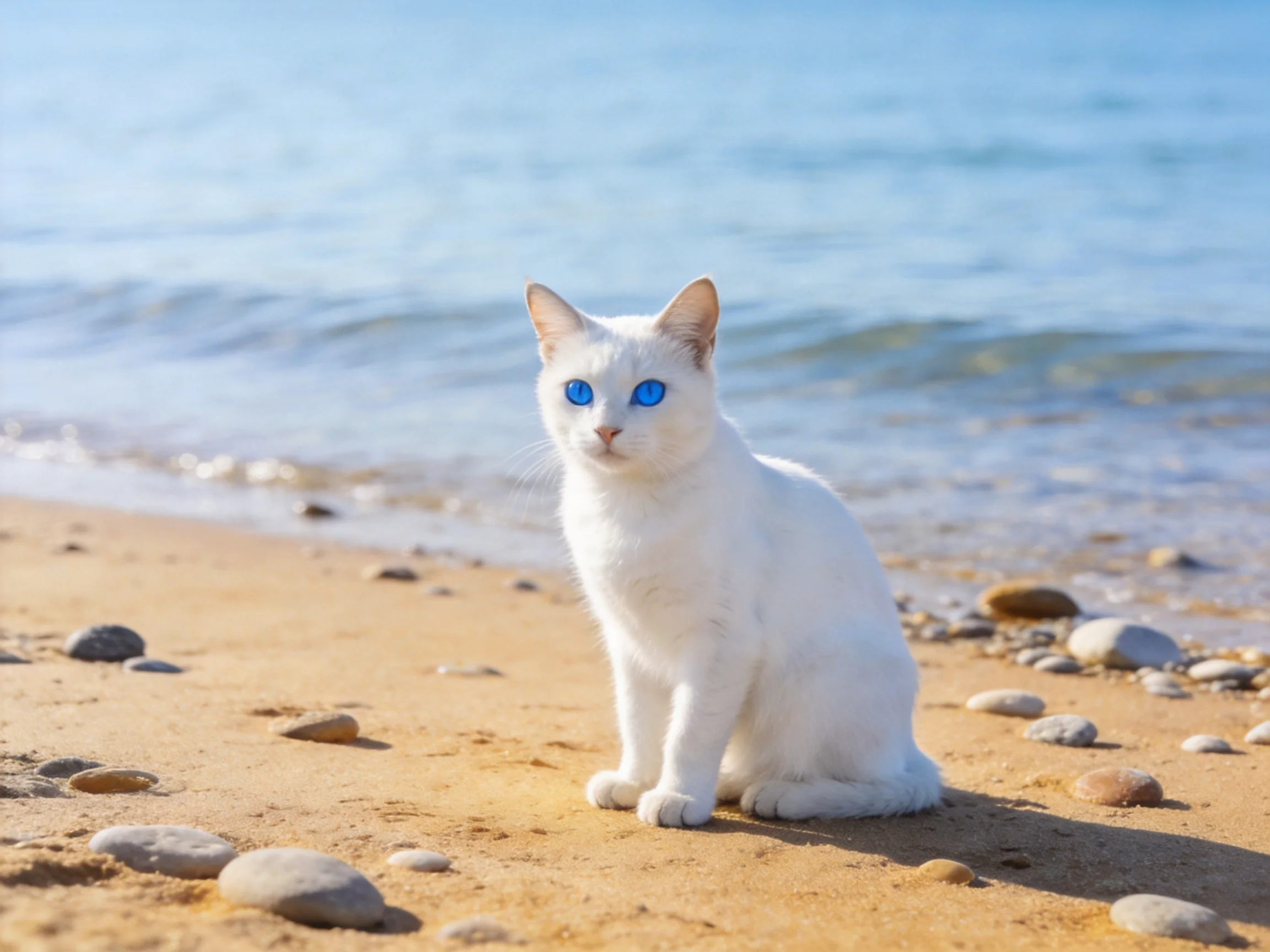 A white cat with blue eyes sits on a sandy beach by the water.
