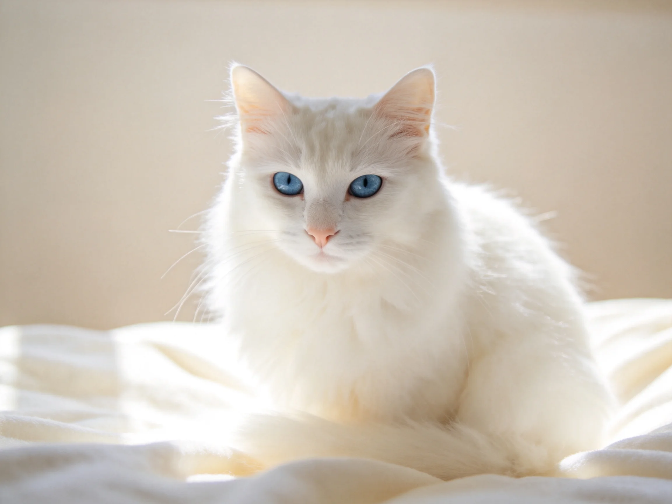 A white cat with blue eyes rests on a soft bed.