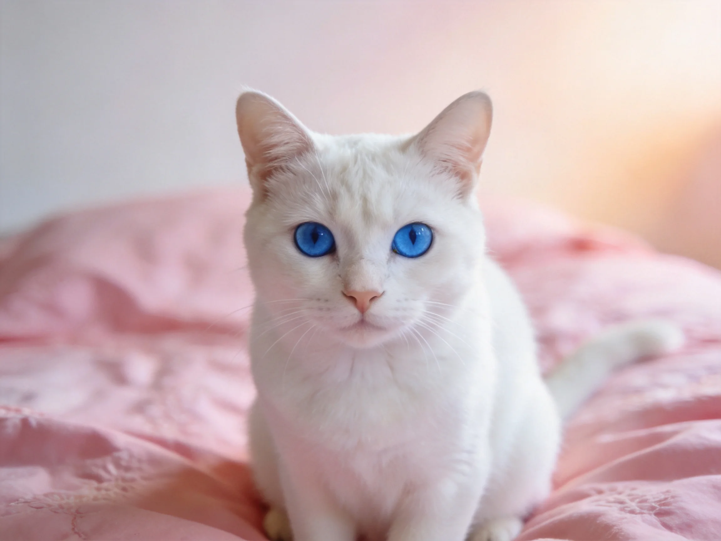 A white cat with vivid blue eyes rests on a pink bedspread.