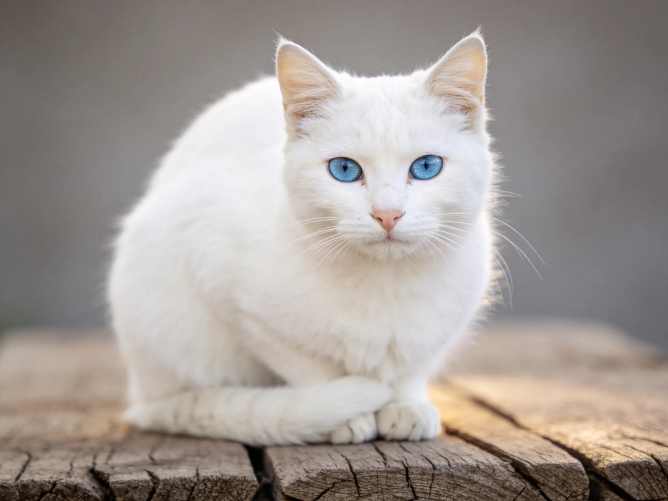 A white cat with blue eyes rests on aged wooden planks.