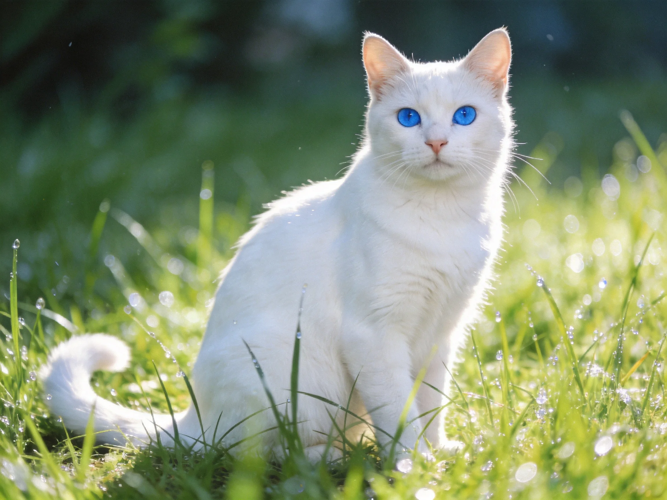 A white cat with blue eyes sits calmly among dew-covered grass.