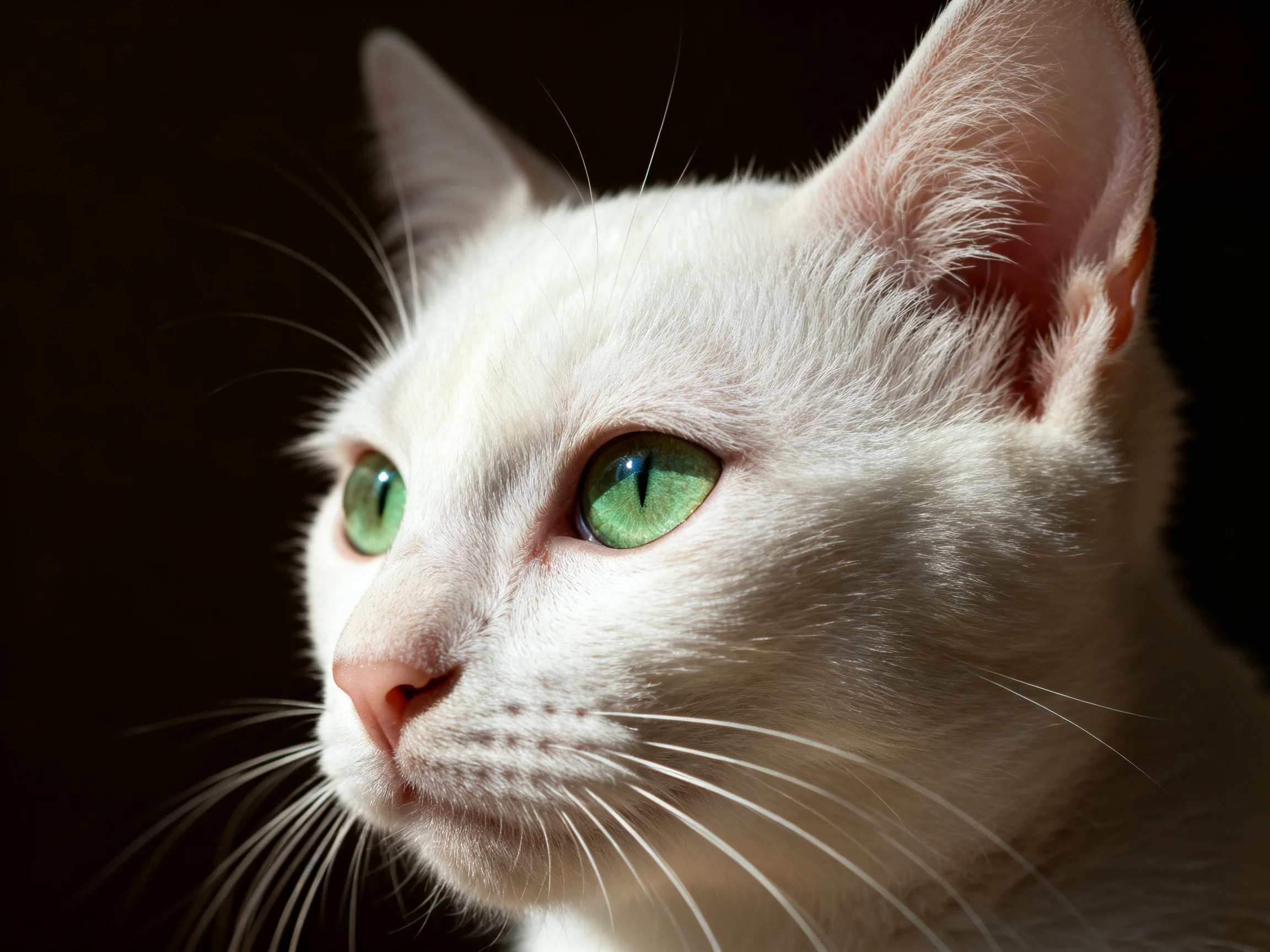 A white cat with green eyes gazes toward the left side of the frame.