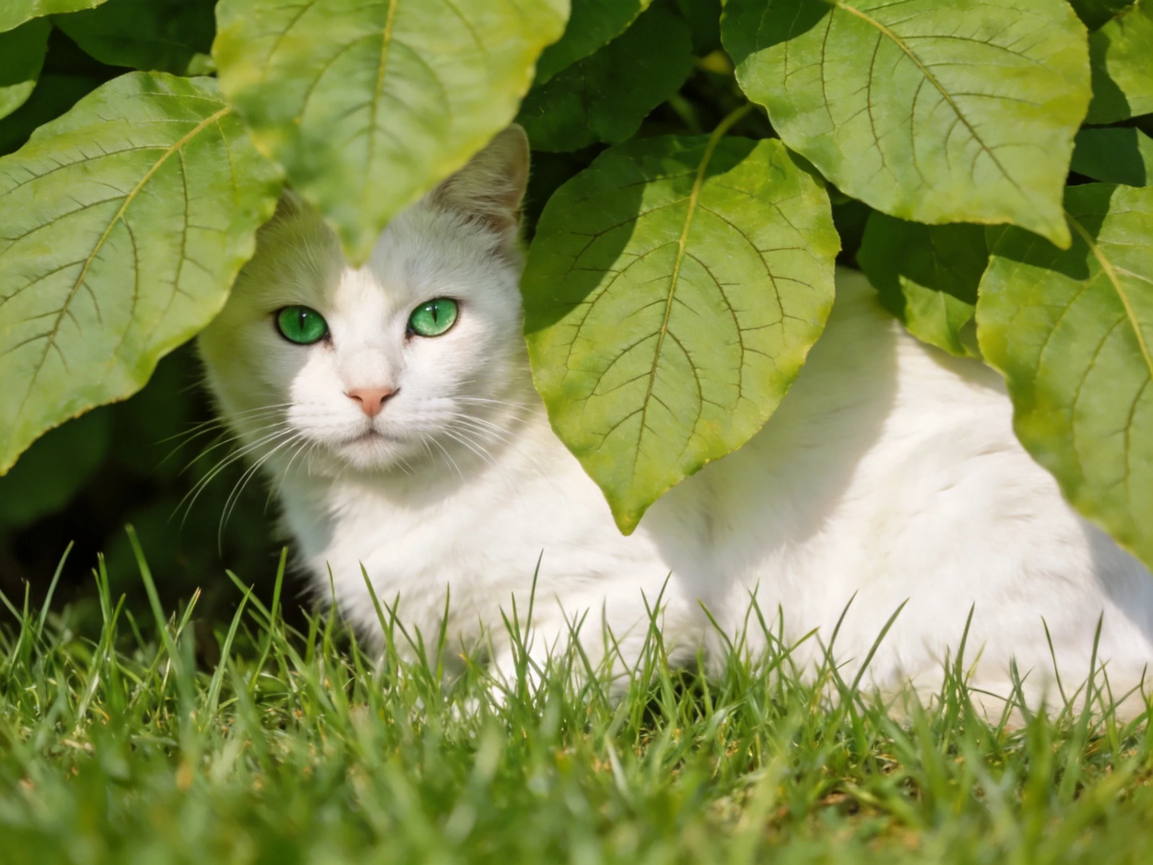 A white cat with green eyes is partially hidden by large green leaves on grass