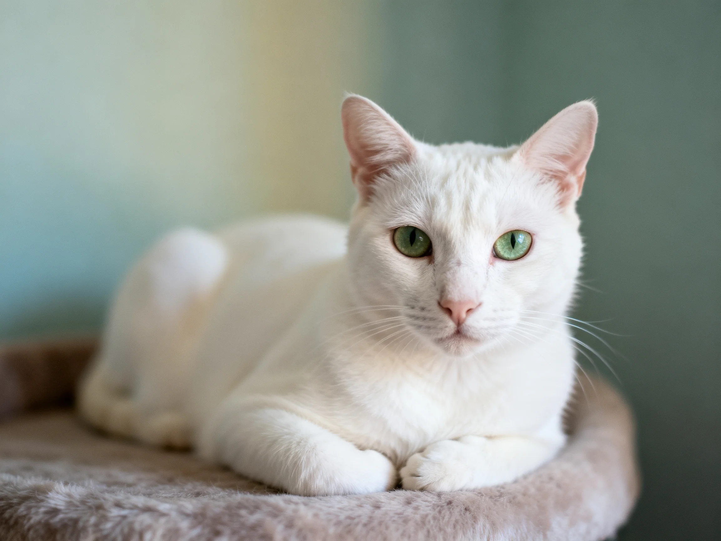 A white cat with green eyes rests on a soft pet bed.