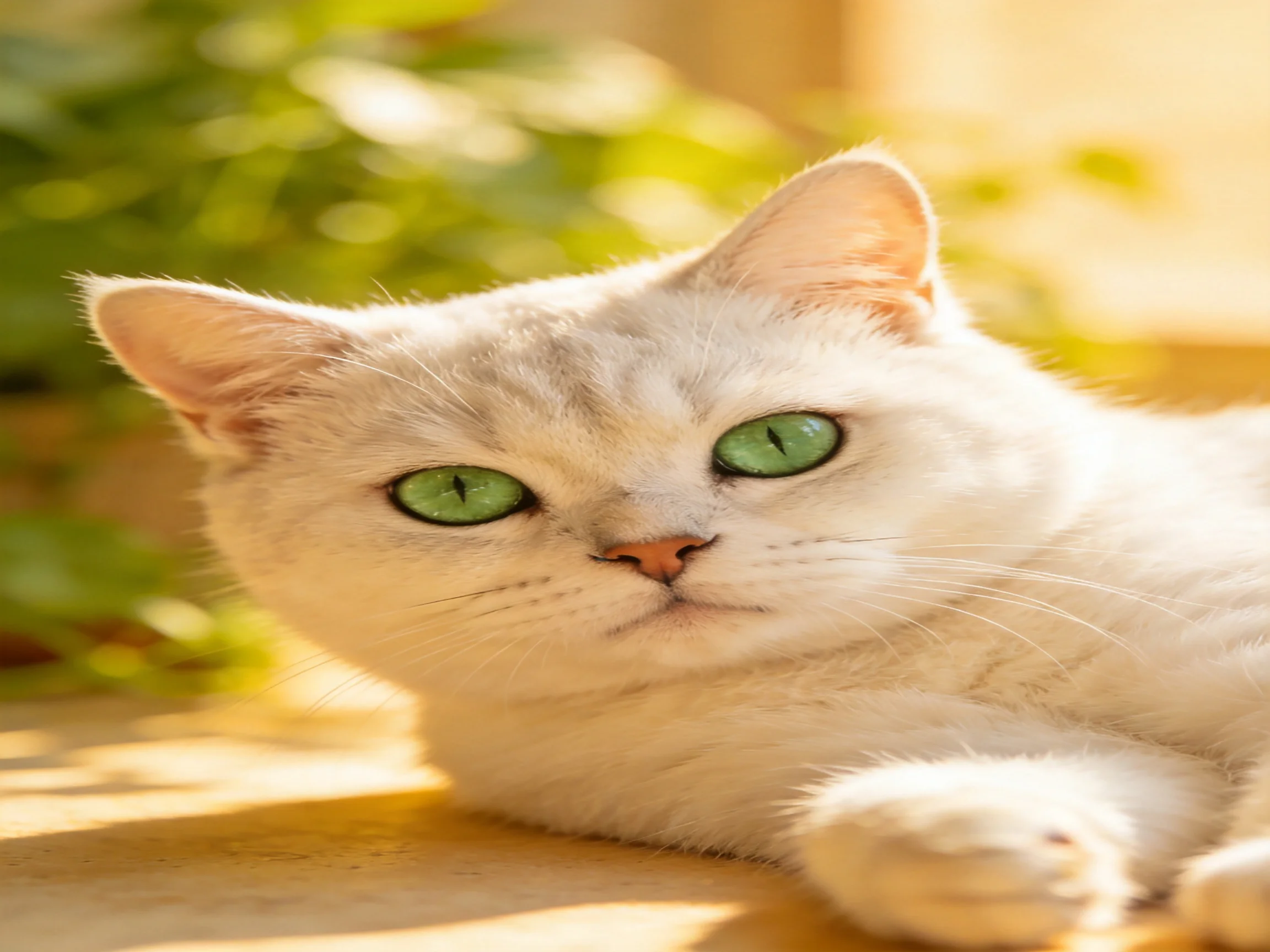 A white cat with green eyes relaxes near greenery.