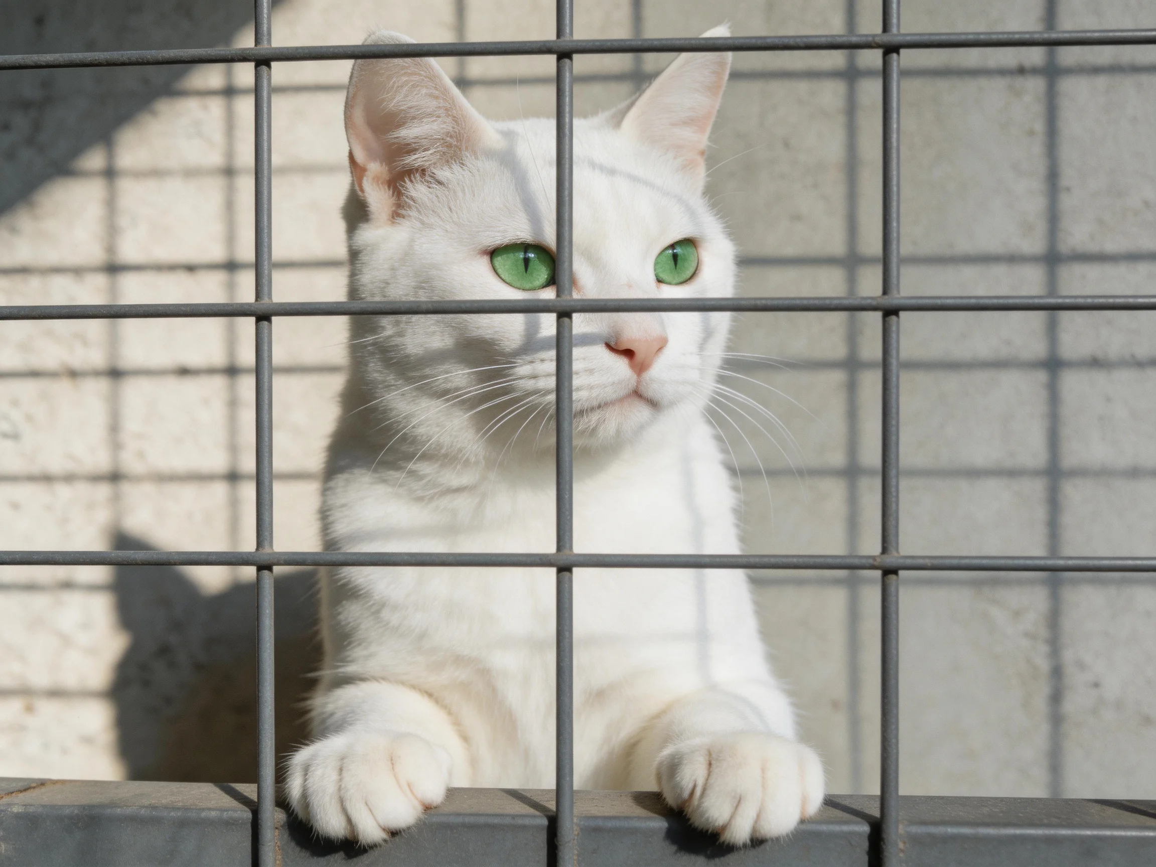 A white cat with green eyes observes from behind a metal fence.
