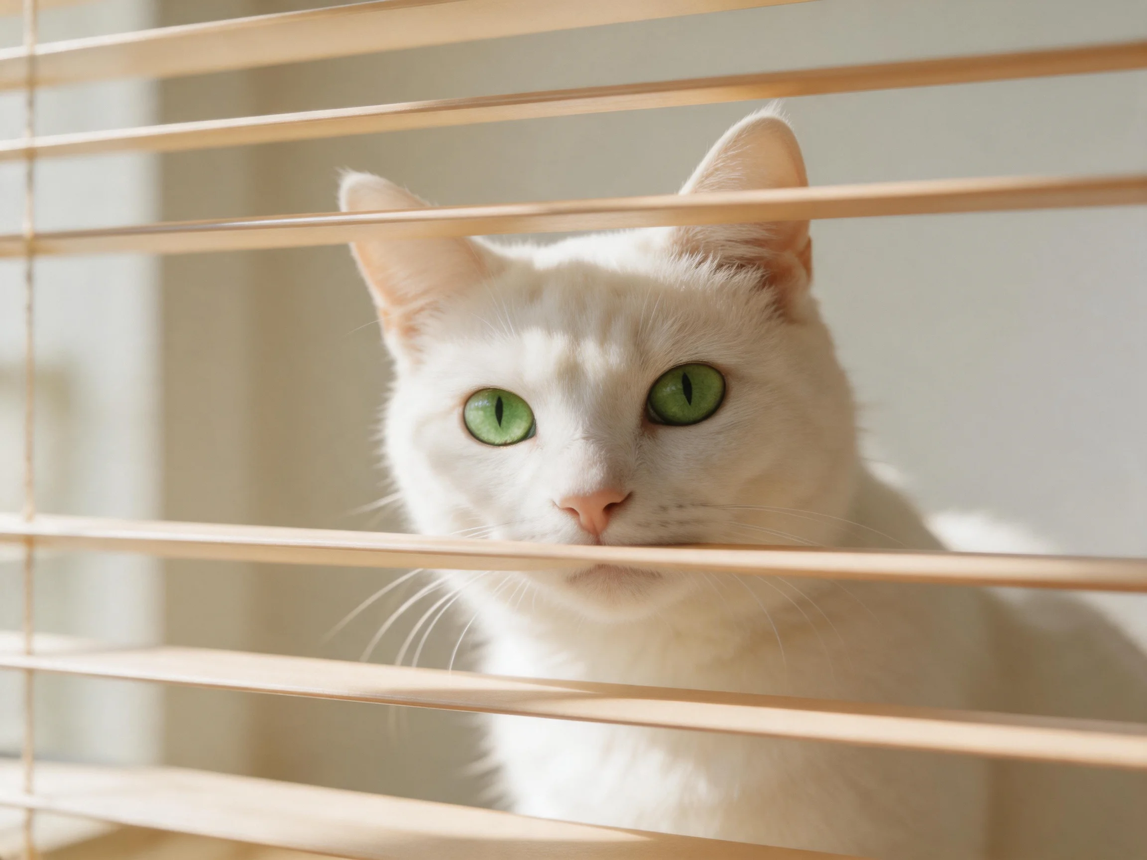 A white cat with green eyes observes through wooden blinds in a sunlit setting