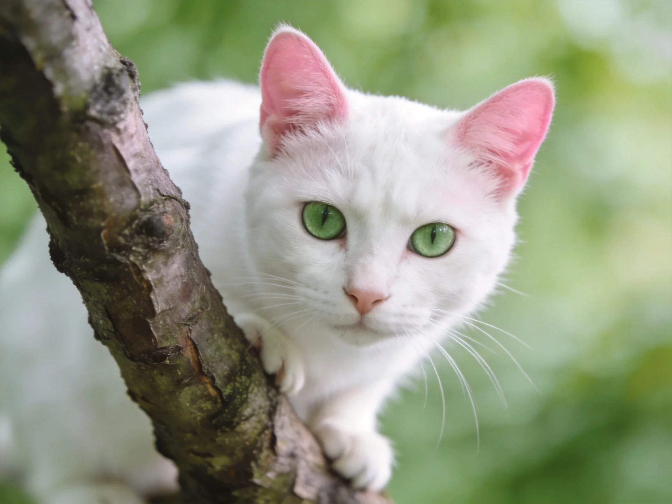 A white cat with green eyes rests on a tree branch in an outdoor setting.