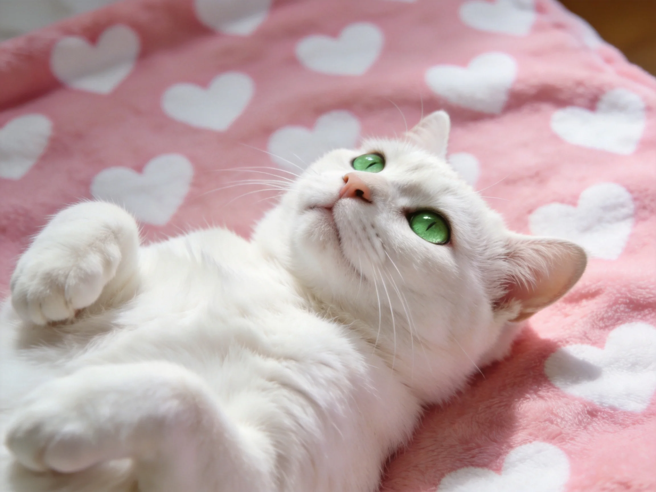 A white cat with green eyes relaxes on a pink blanket with white hearts.