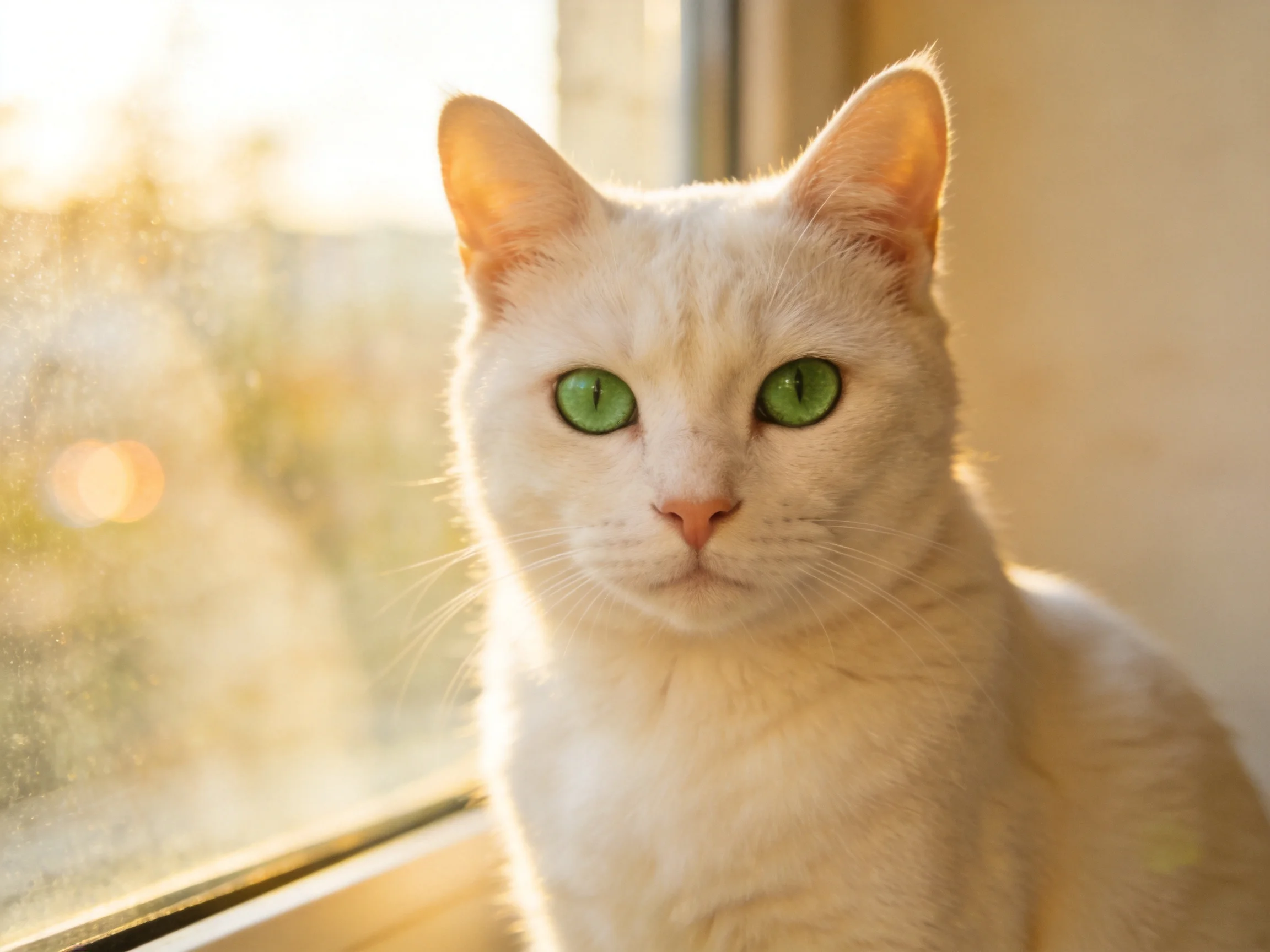 A white cat with green eyes sits near a sunlit window.