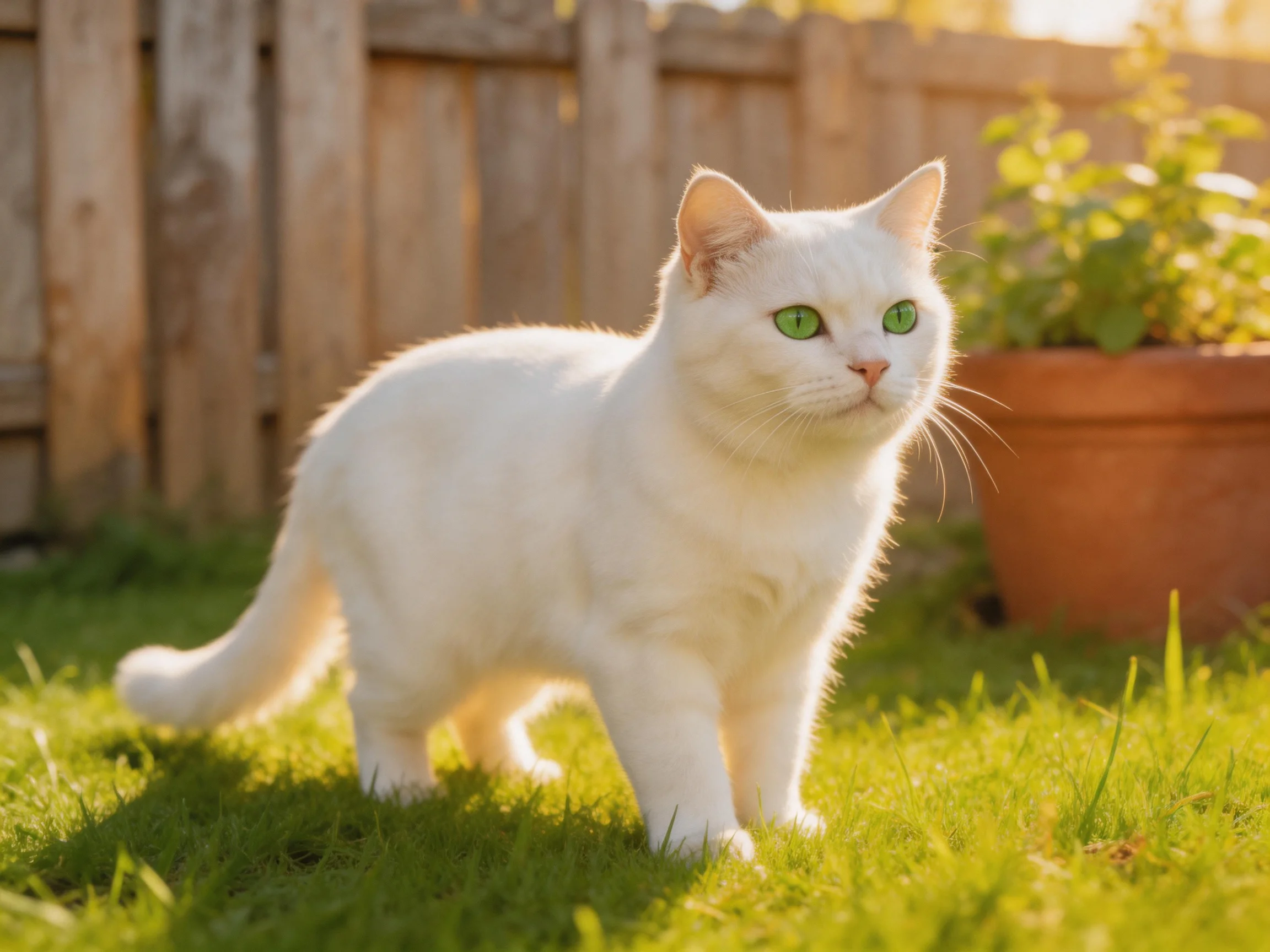 A white cat with greeneyes explores a grassy yard near a wooden fence.