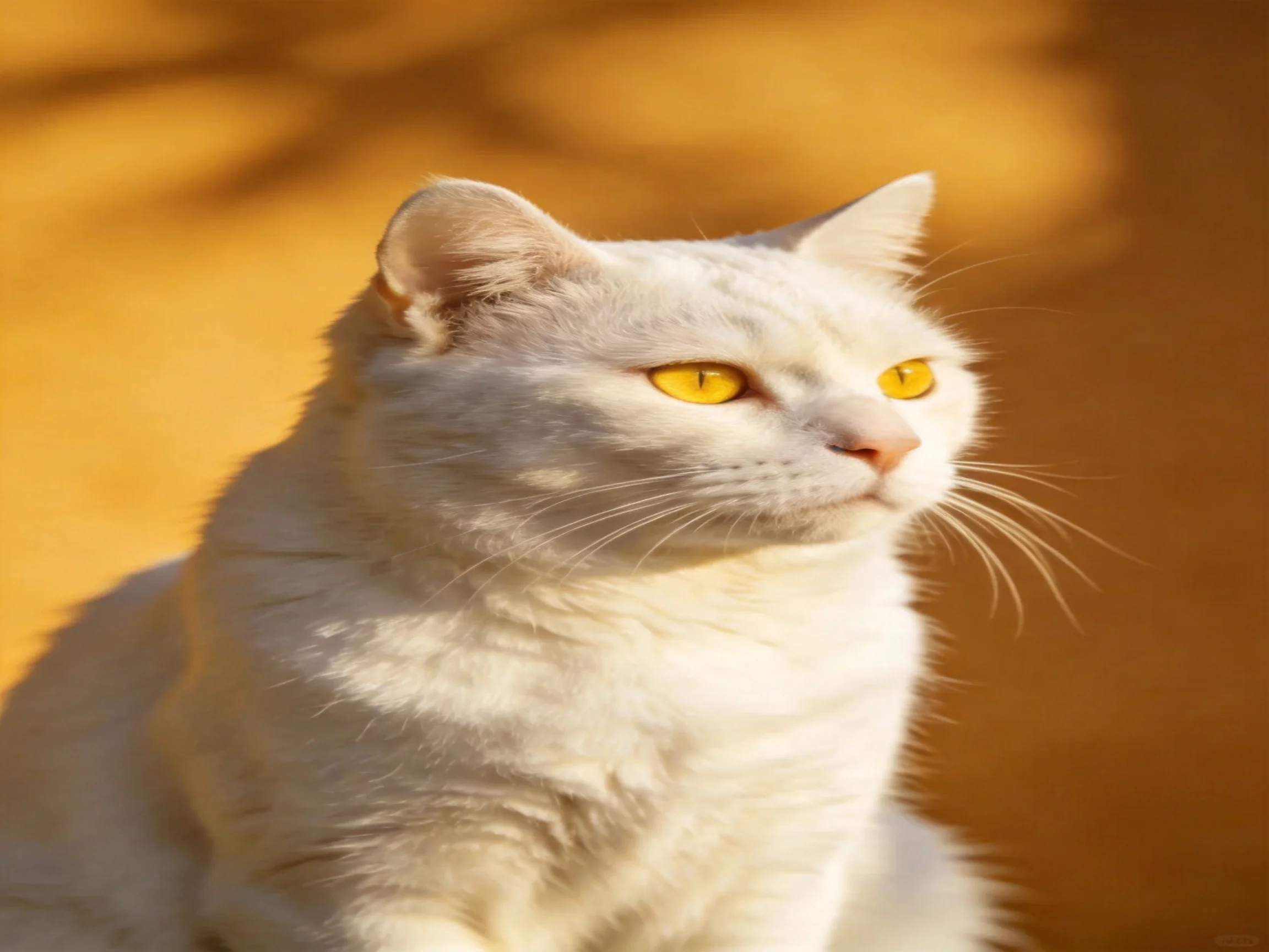A white cat with yellow eyes sits in a sunlit golden area.