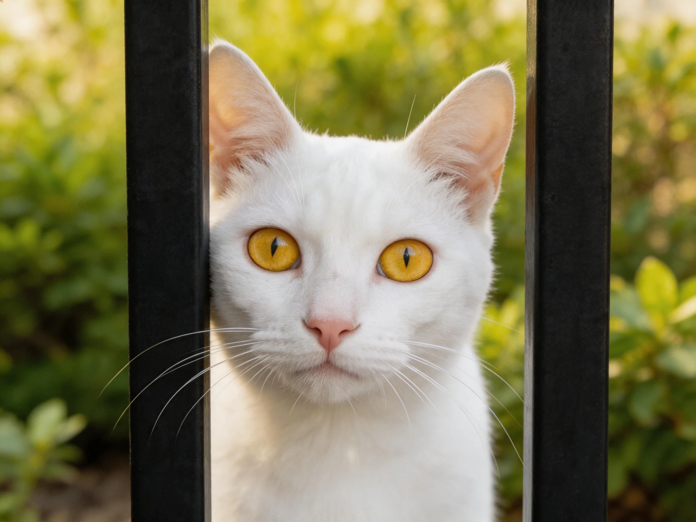 A white cat with yellow eyes looks through dark metal bars in an outdoor setting.