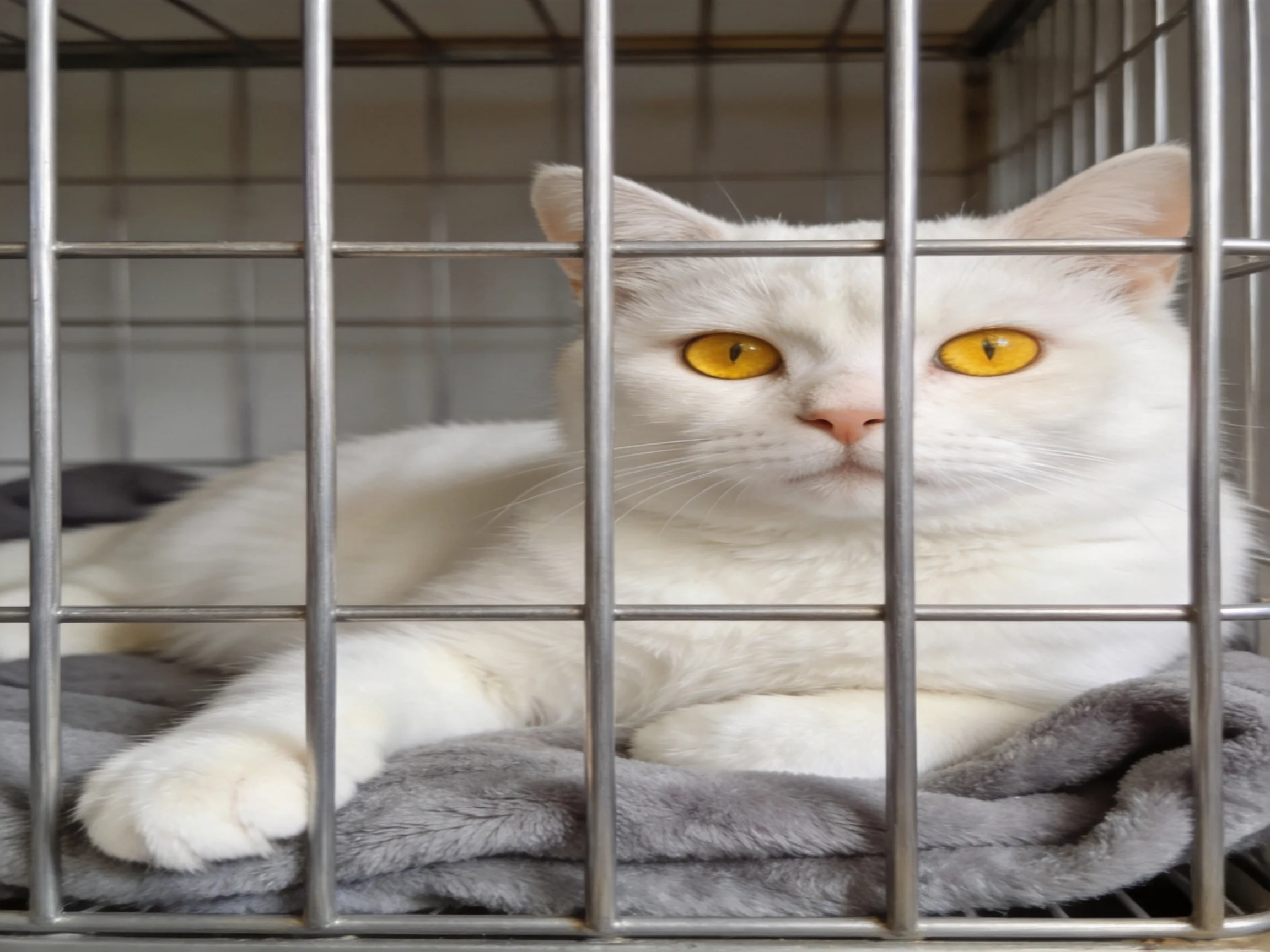 A white cat with yellow eyes lies calmly inside a metal cage.